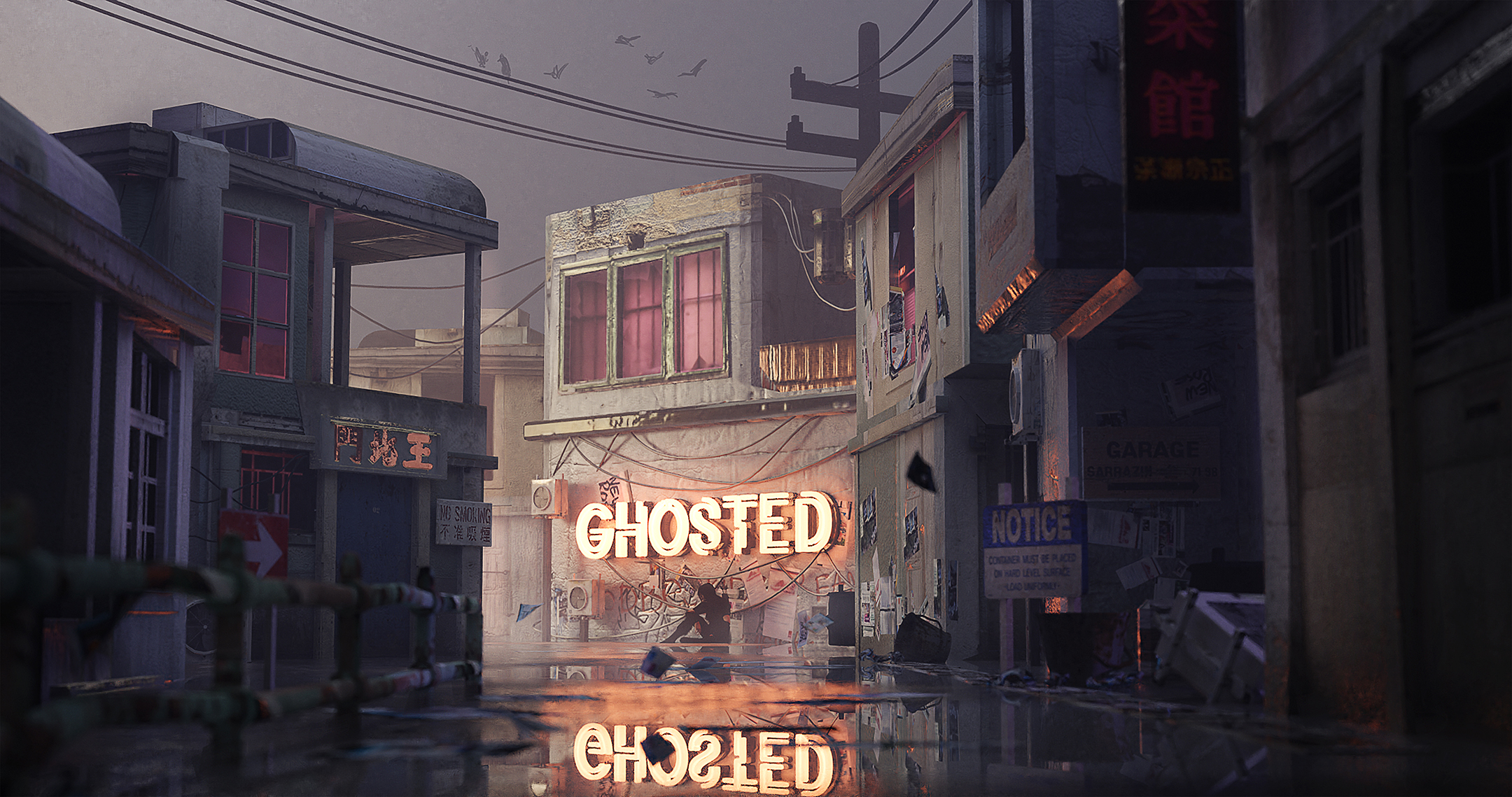 digital illustration of a wet, litter-strewn alley with a building at the end of it with a neon sign that reads ghosted
