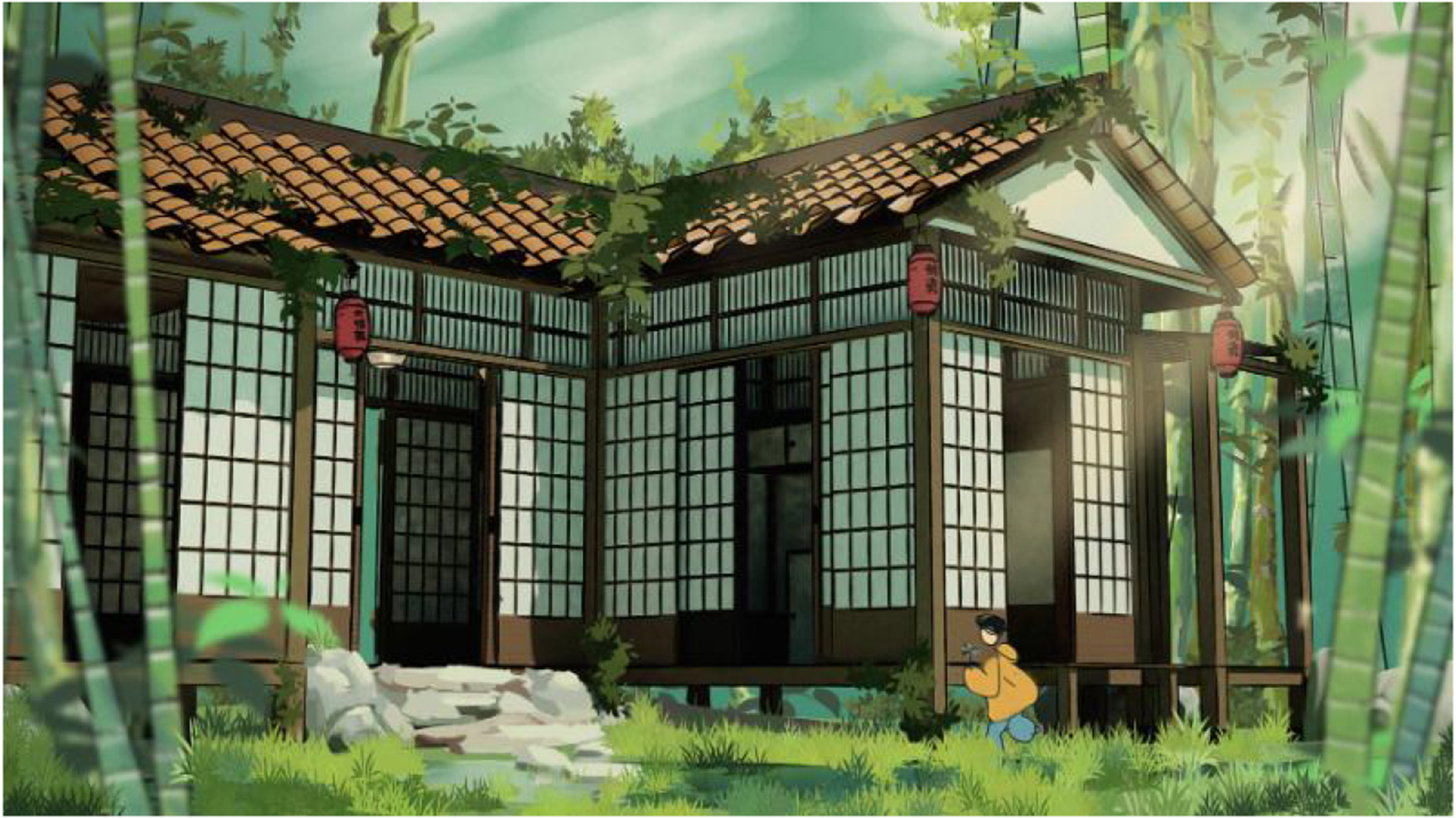 digital illustration of a person entering a large, classic-style Japanese home