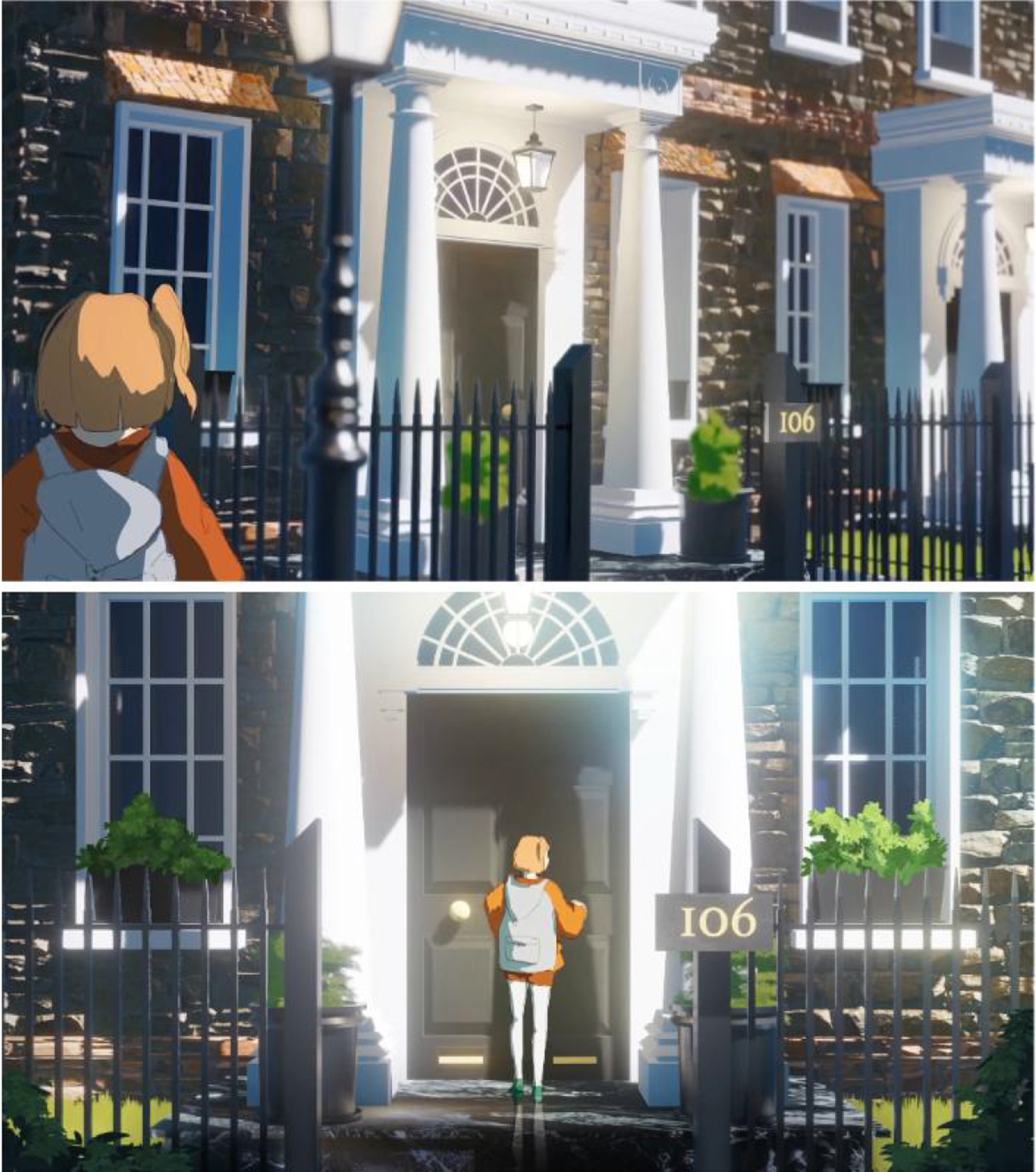 two digital illustrations, stacked, showing a person outside the gates of a fancy apartment, top, and then entering the apartment, bottom