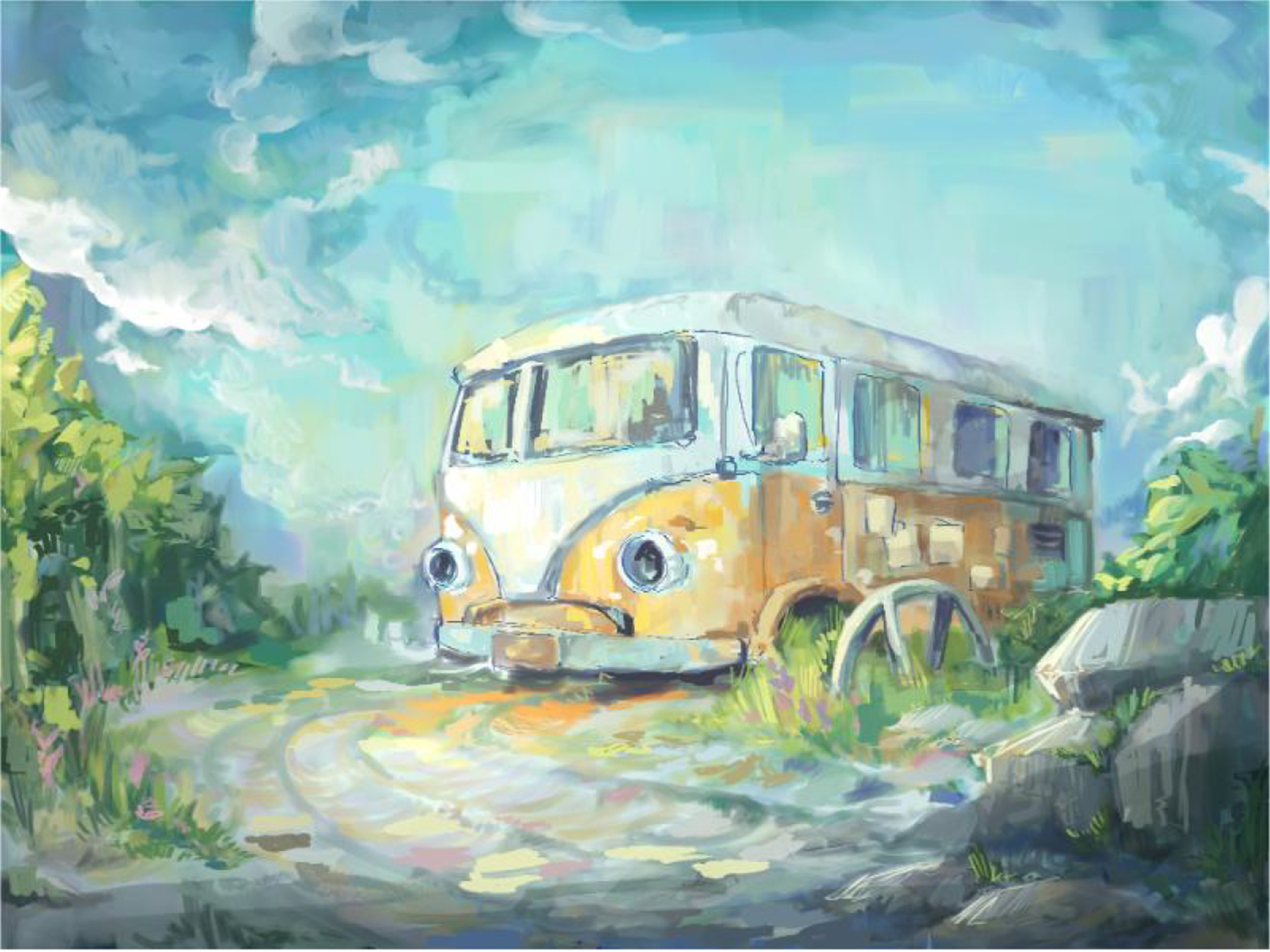 digital illustration of a broken-down Volkswagen bus