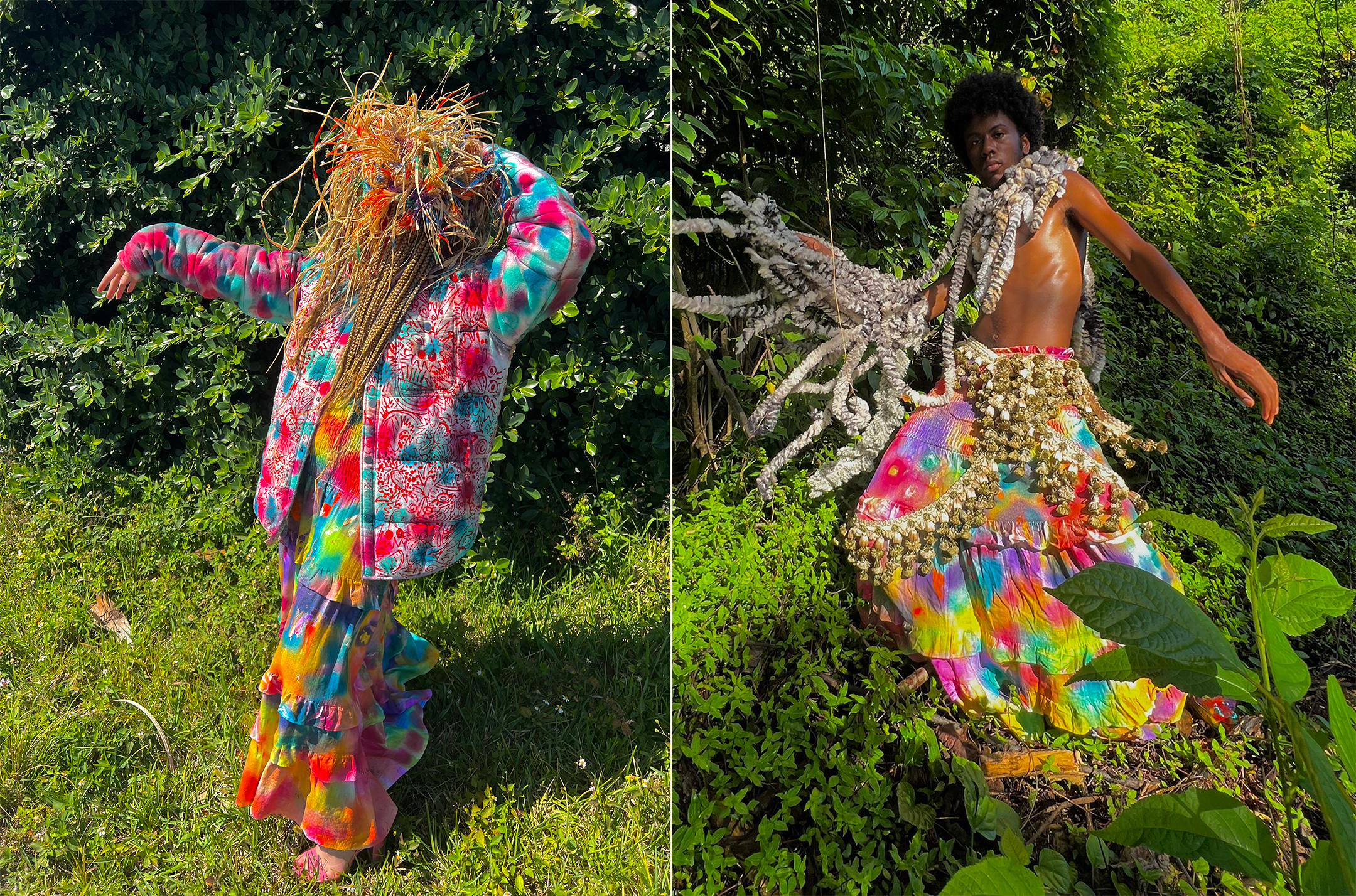 two photos, side by side, of a young man wearing a colorful, tropical-like costume of a floral skirt and similarly styled coat and a grass mask, on the left, and the just the skirt on the right