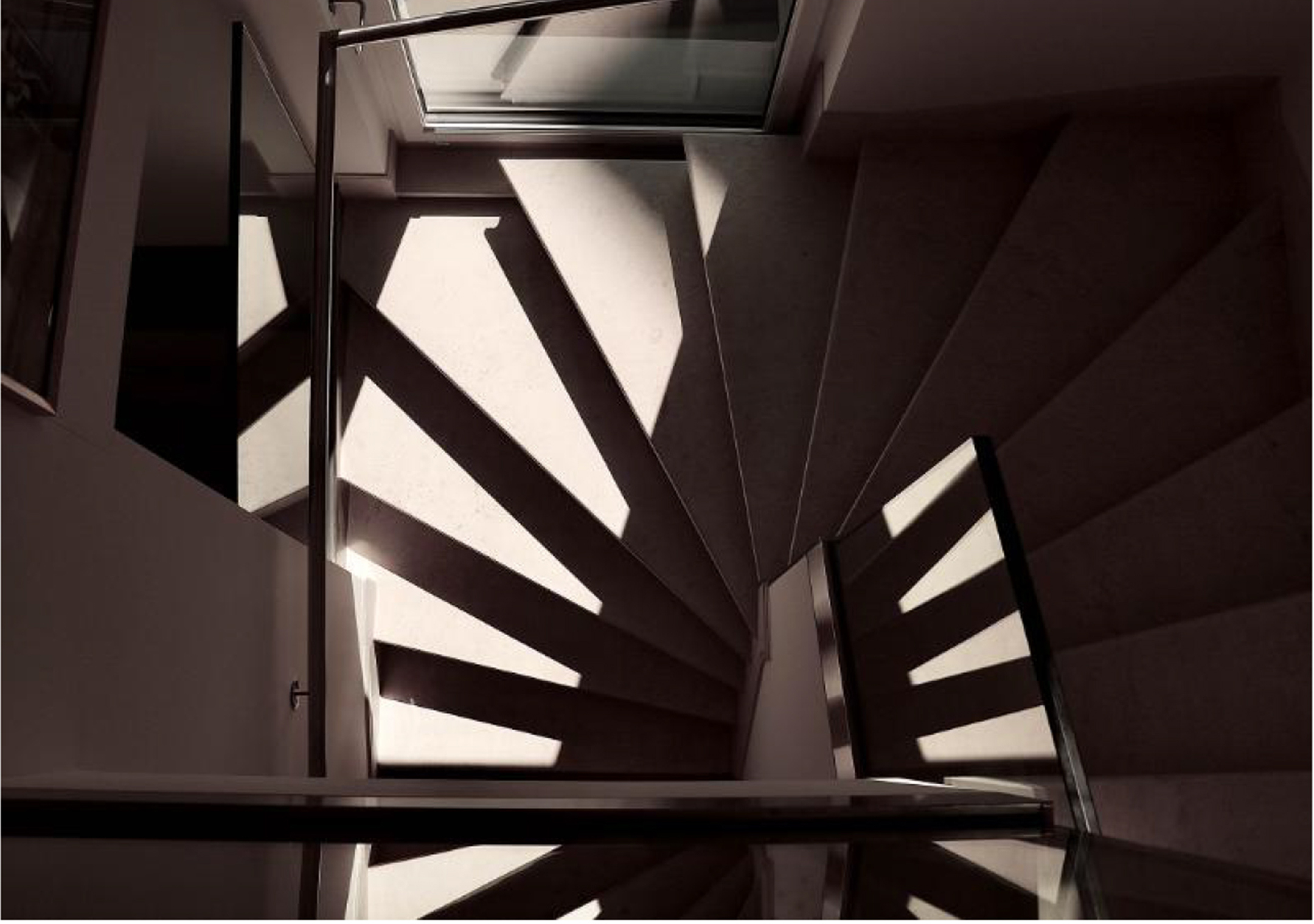 photo looking down a spiraled stairwell with shadows creating keyboard patterns on the steps