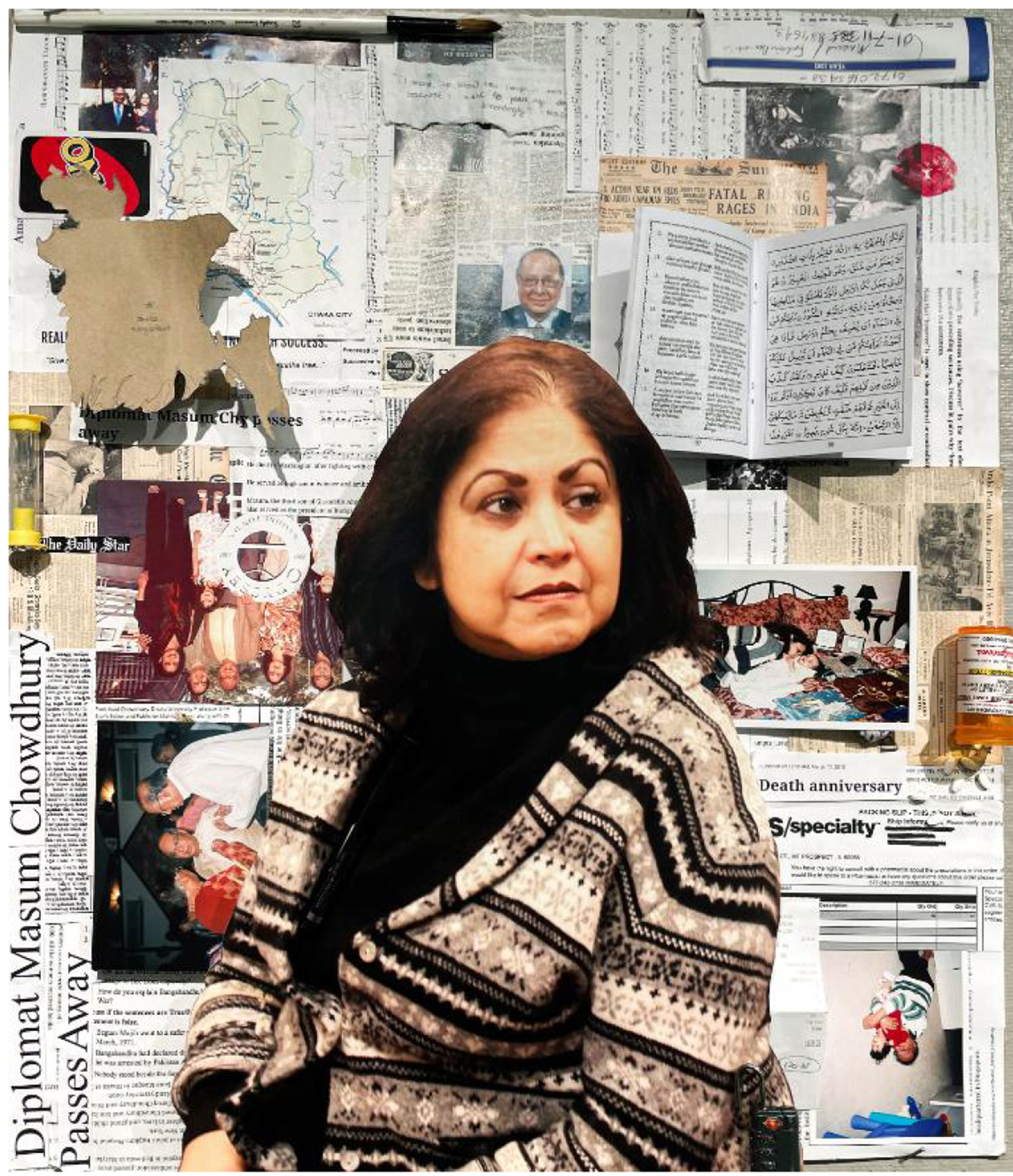 photo collage of a middle-aged woman against a background of documents and newspaper clippings