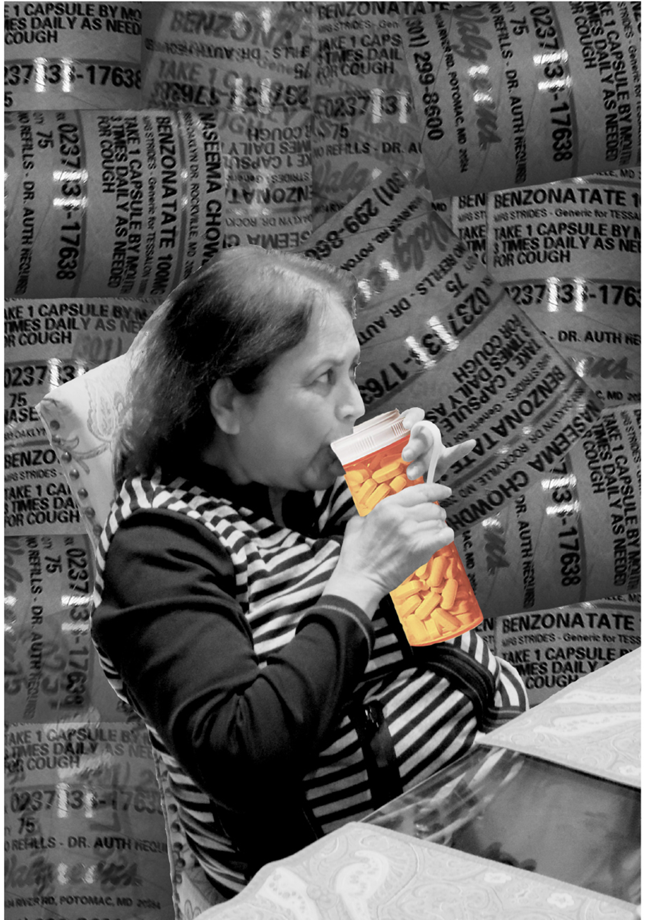 black and white photo collage of an old woman appearing to drink from an oversized orange pill bottle