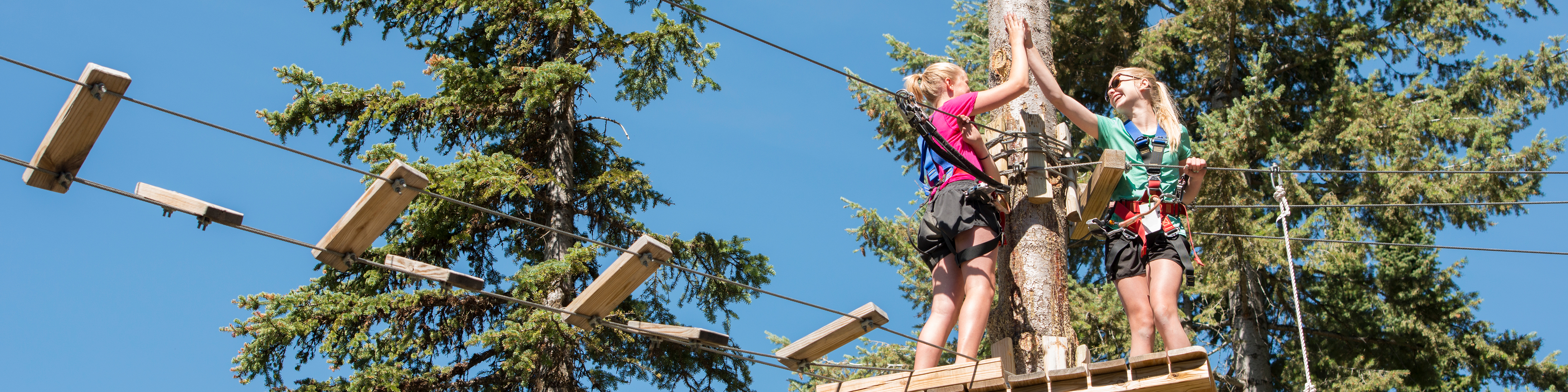 Teenage girls high five in aerial adventure park