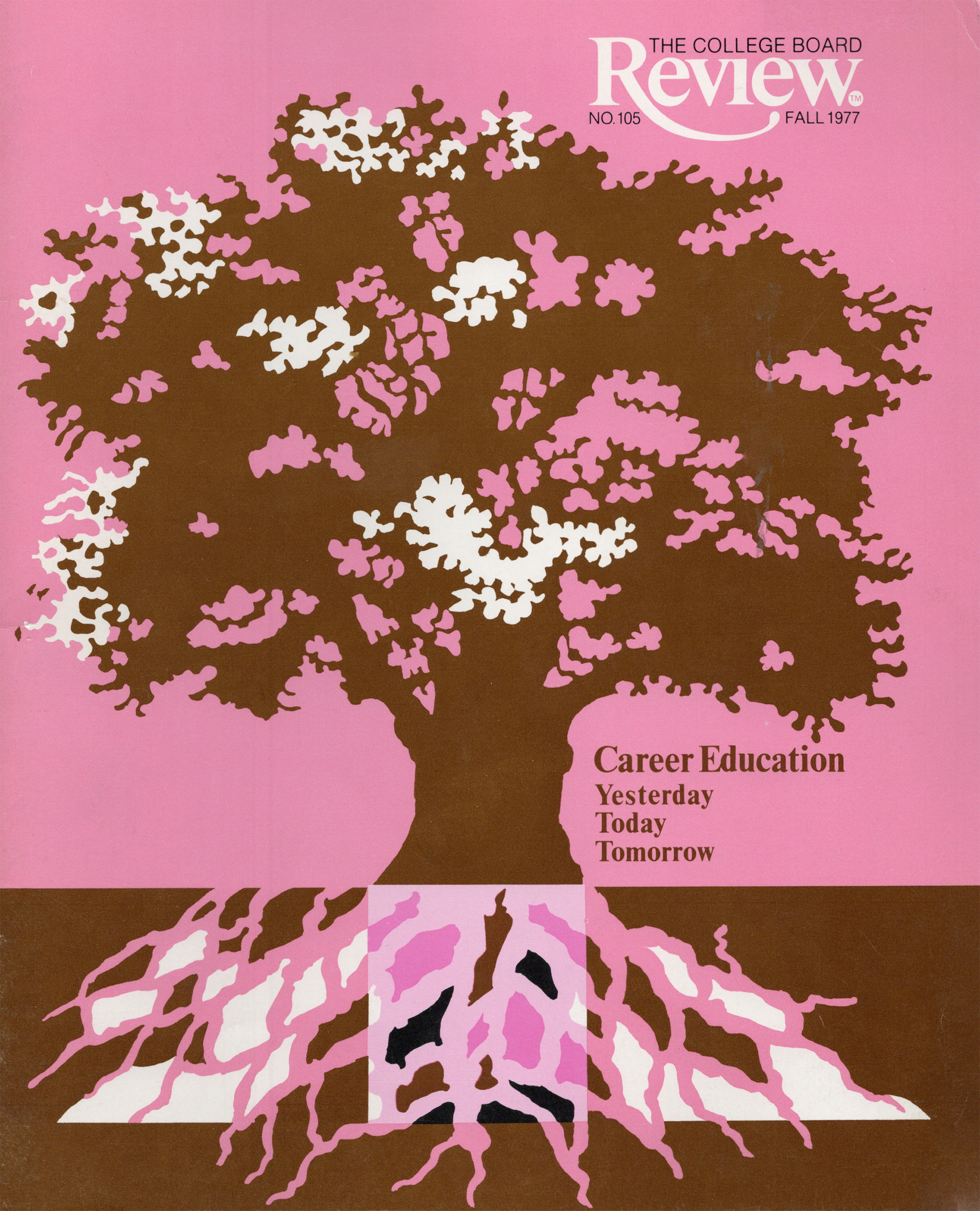 cover of the fall 1977 issue of the college board review magazine, showing an illustration of a tree in various shades of pink and white