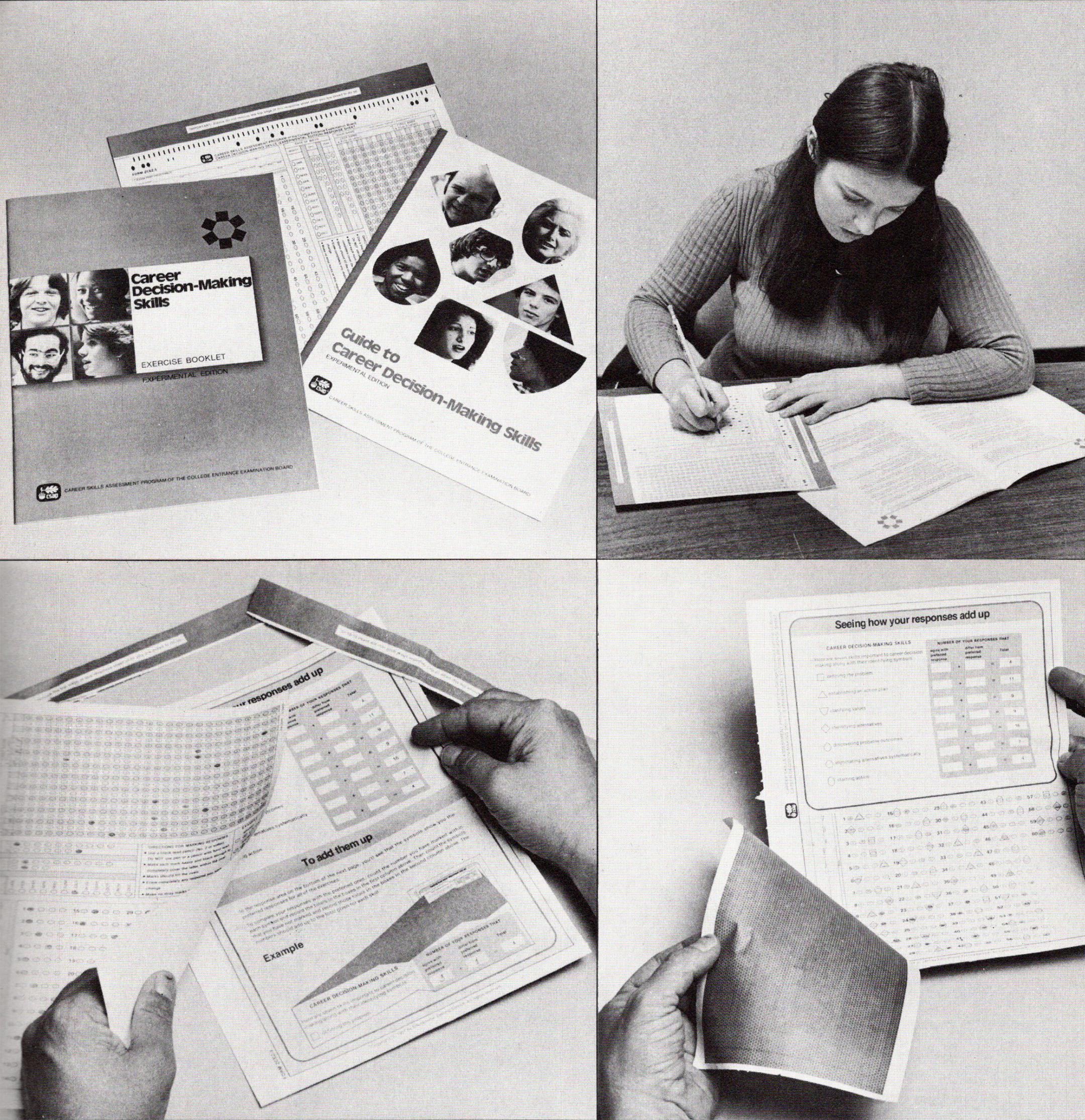 grid of four black and white photos, two by two, showing the process of a student taking and scoring a career skills assessment