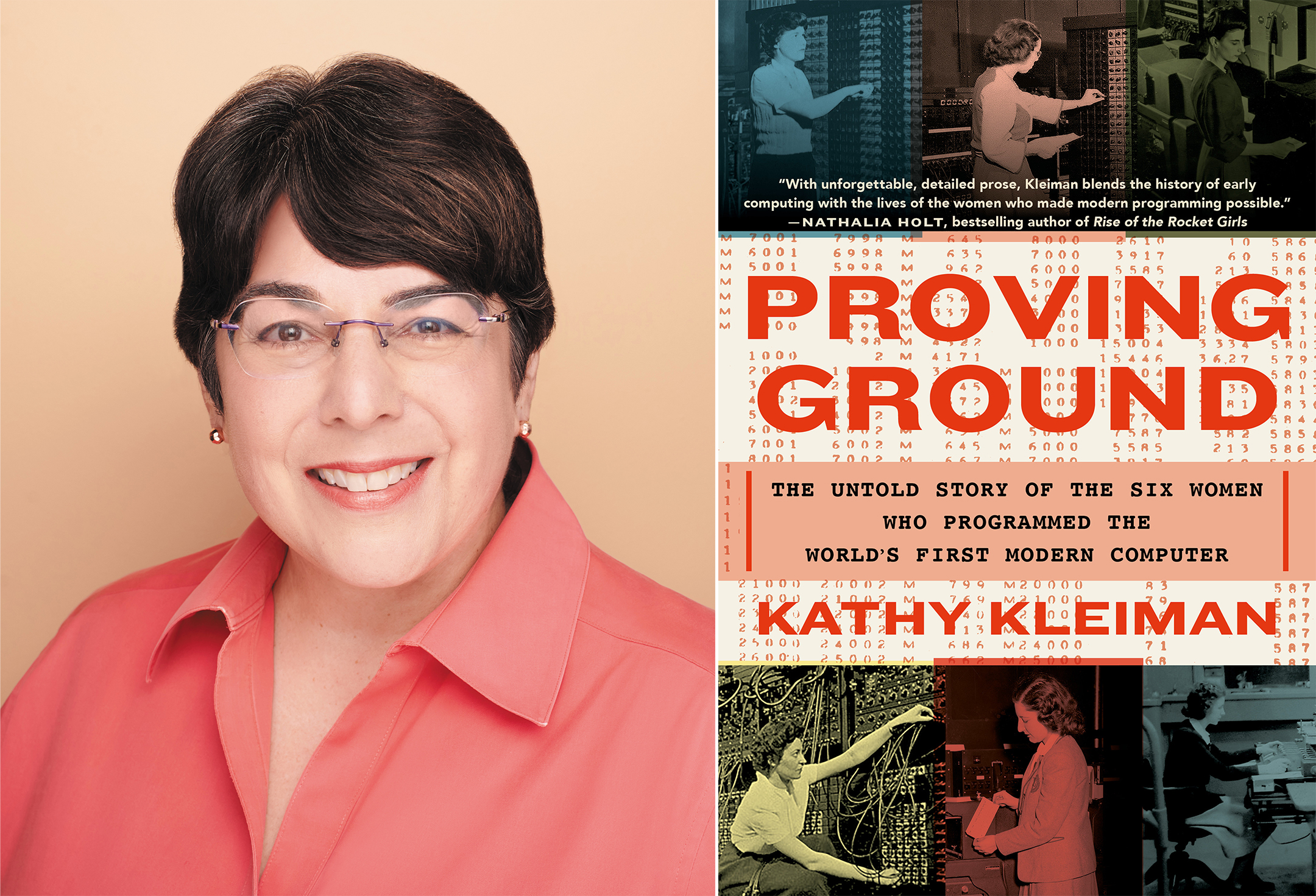 Headshot photo of Kathy Kleiman at left, cover of the book Proving Ground at right