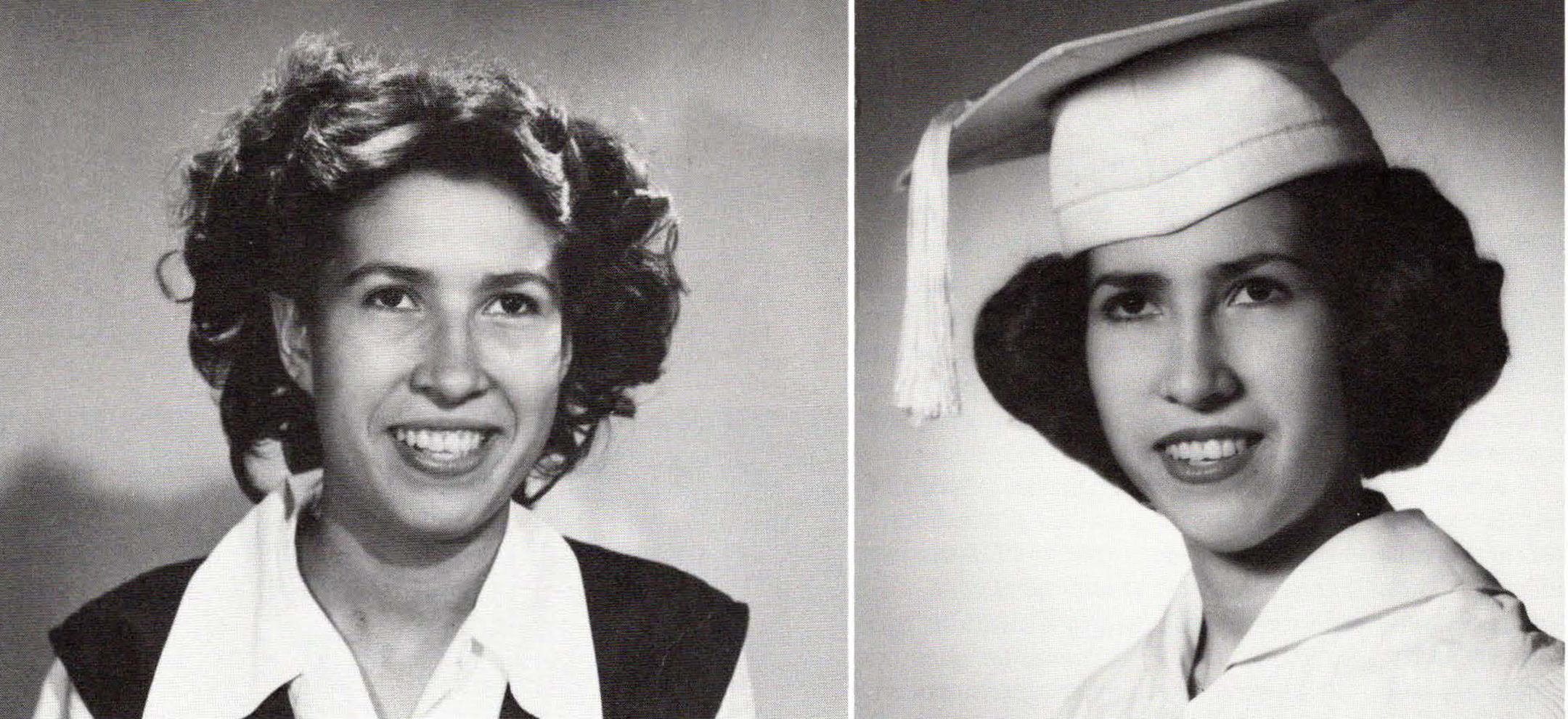 Two black and white photos, side by side, of a smiling young woman, the photo on the left has her posed in a white graduation cap and gown