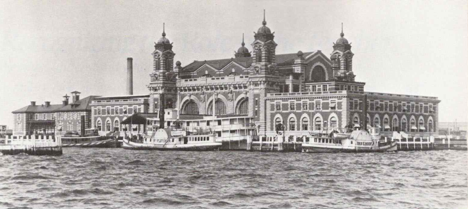 a black and white archival photo of ellis island