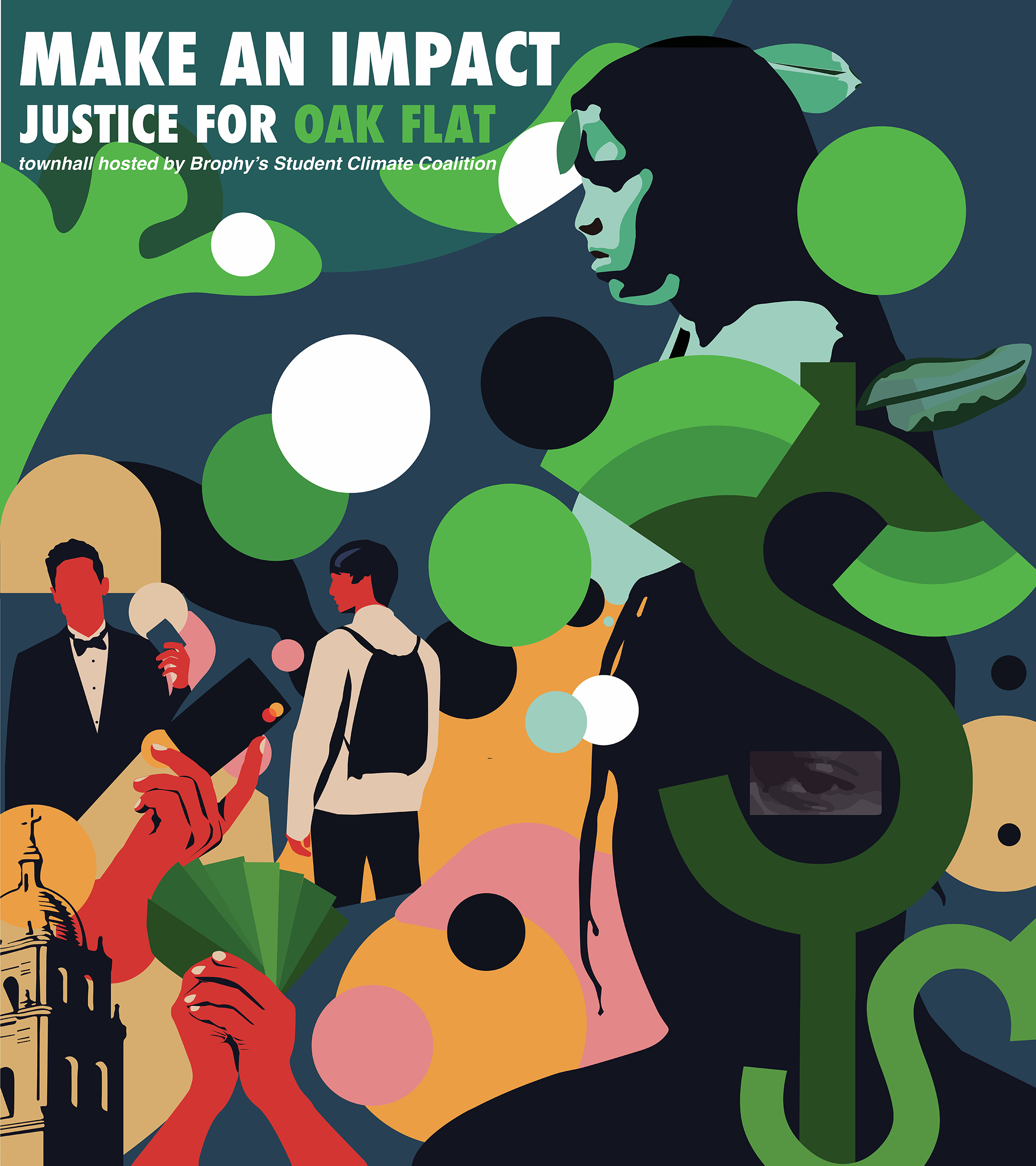 Illustration of faceless people interacting against a background of green and white dots promoting a community environmental event