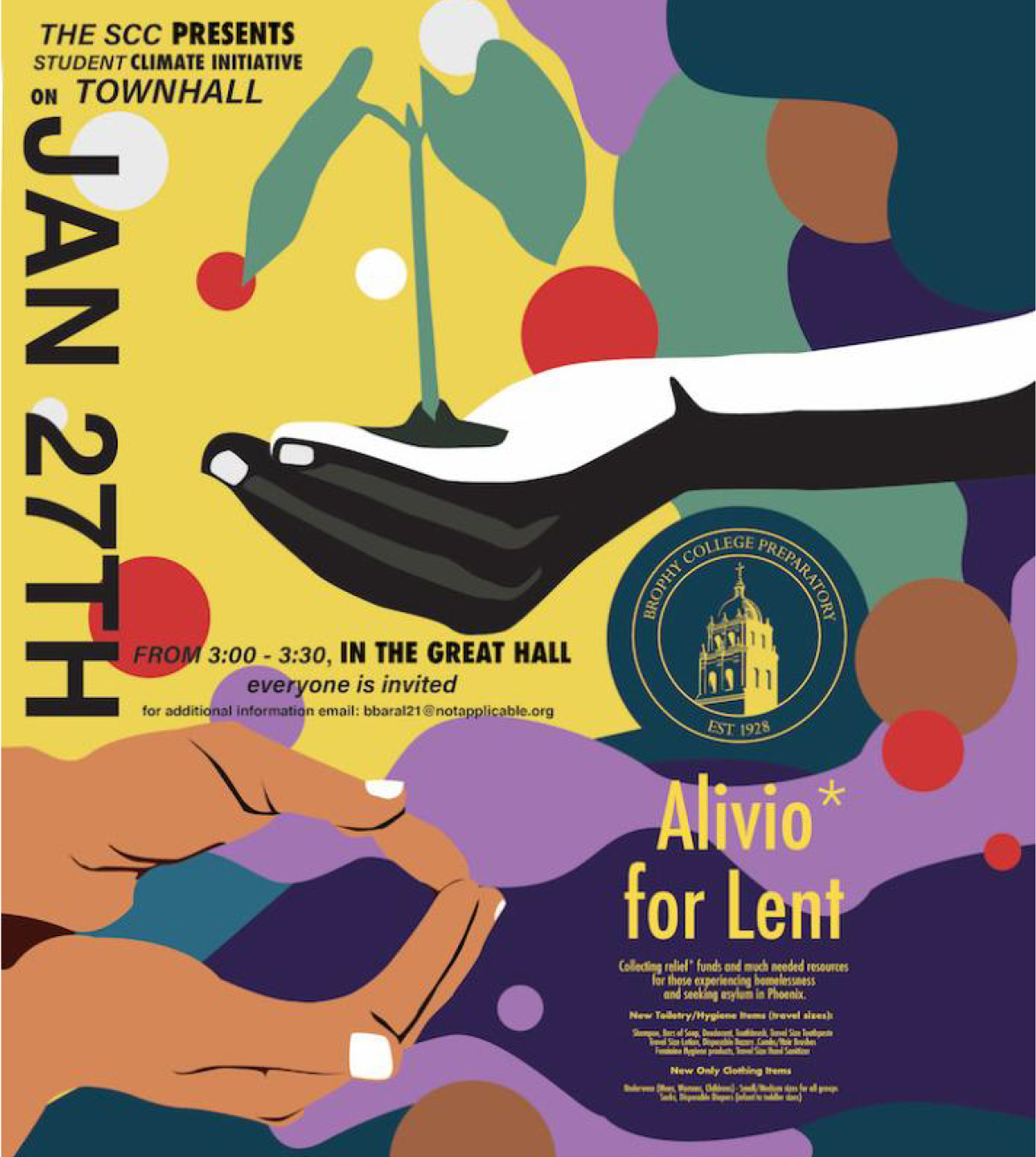 Illustration of two hands holding dirt and plants promoting a community event