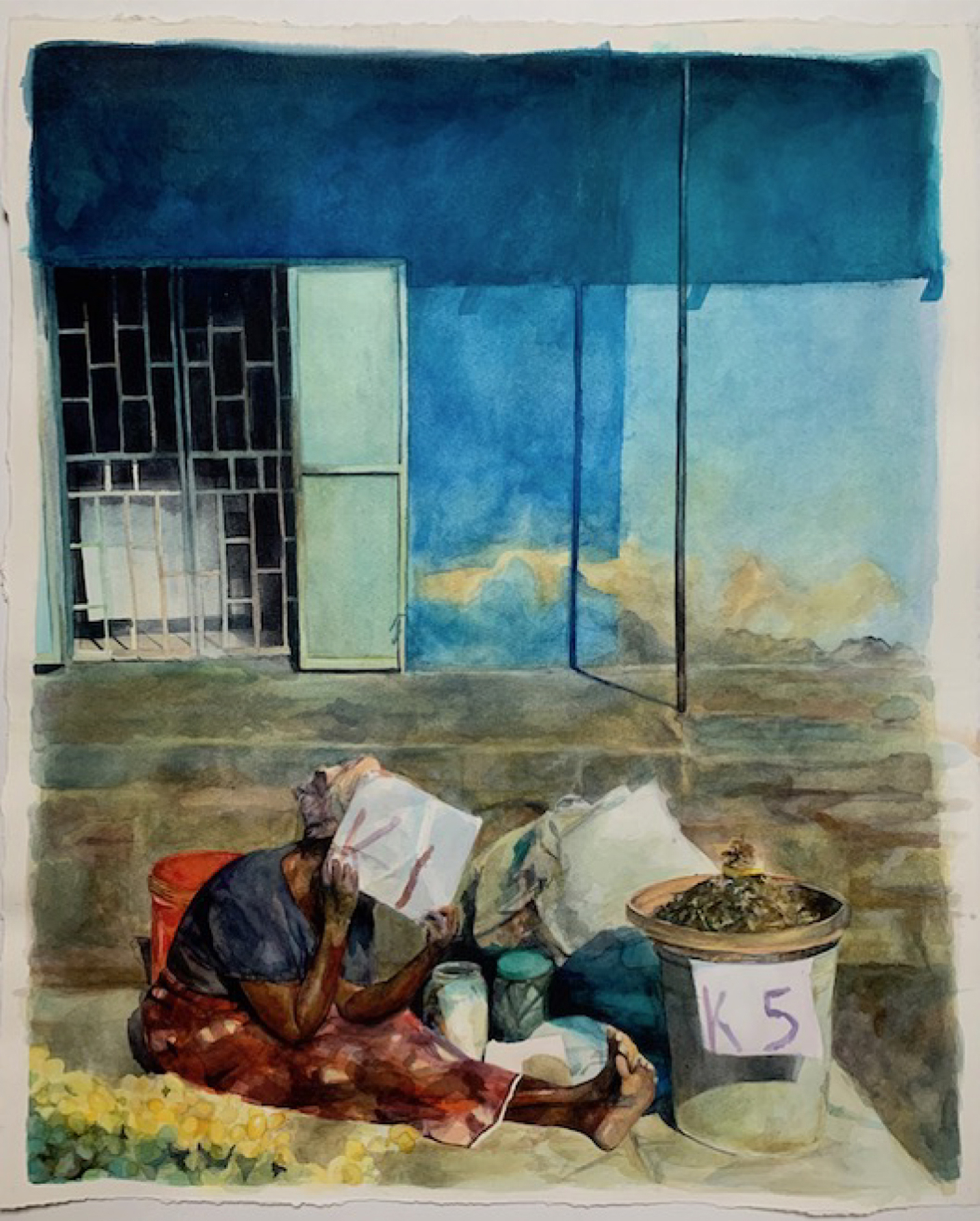 Illustration of a woman sitting on the ground, with a bundle of belongings, shielding her face, in front of a building