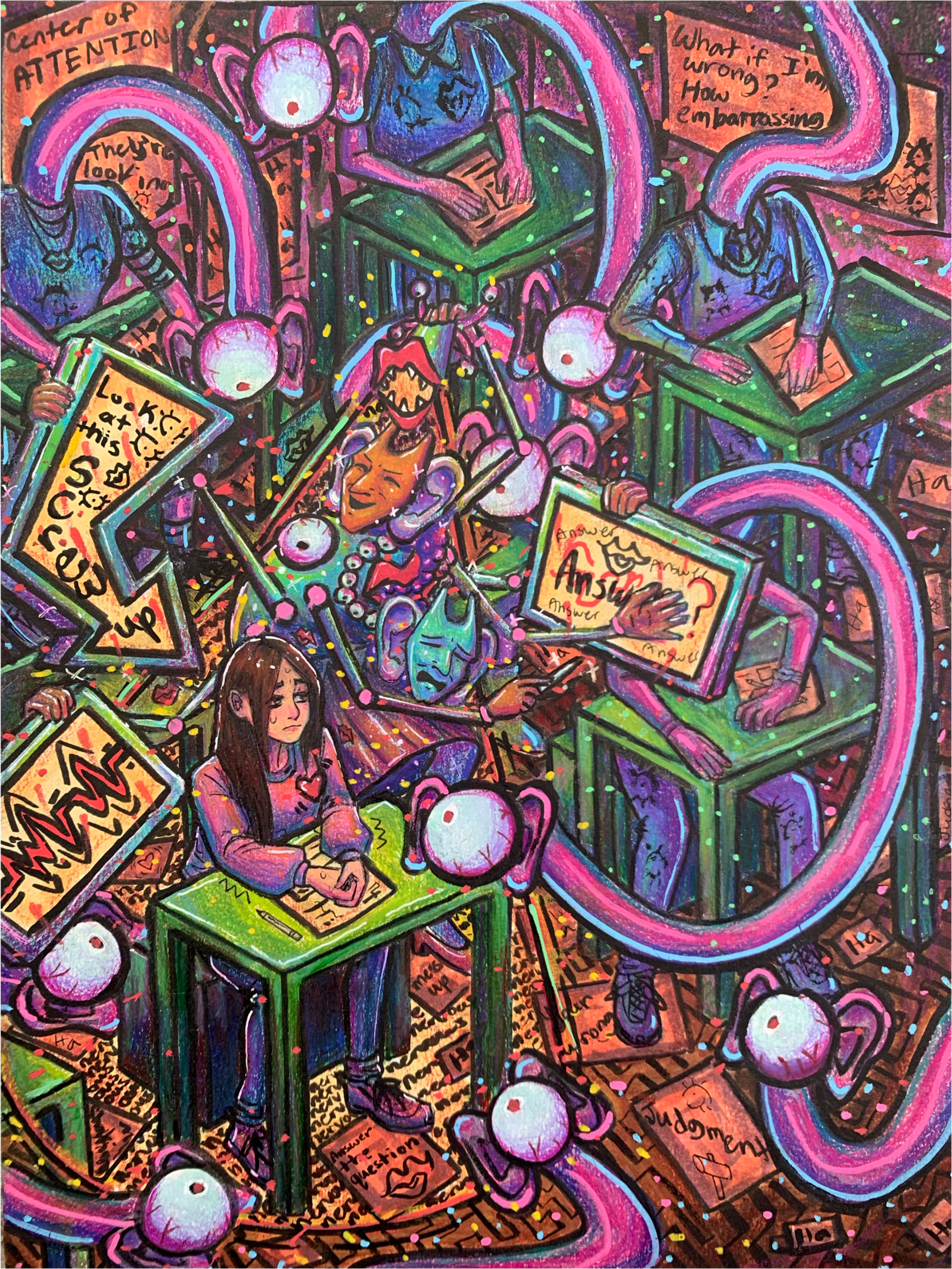 Cartoony, busy illustration depicting a sad young woman seated at a green table surrounded by digital temptations and distractions