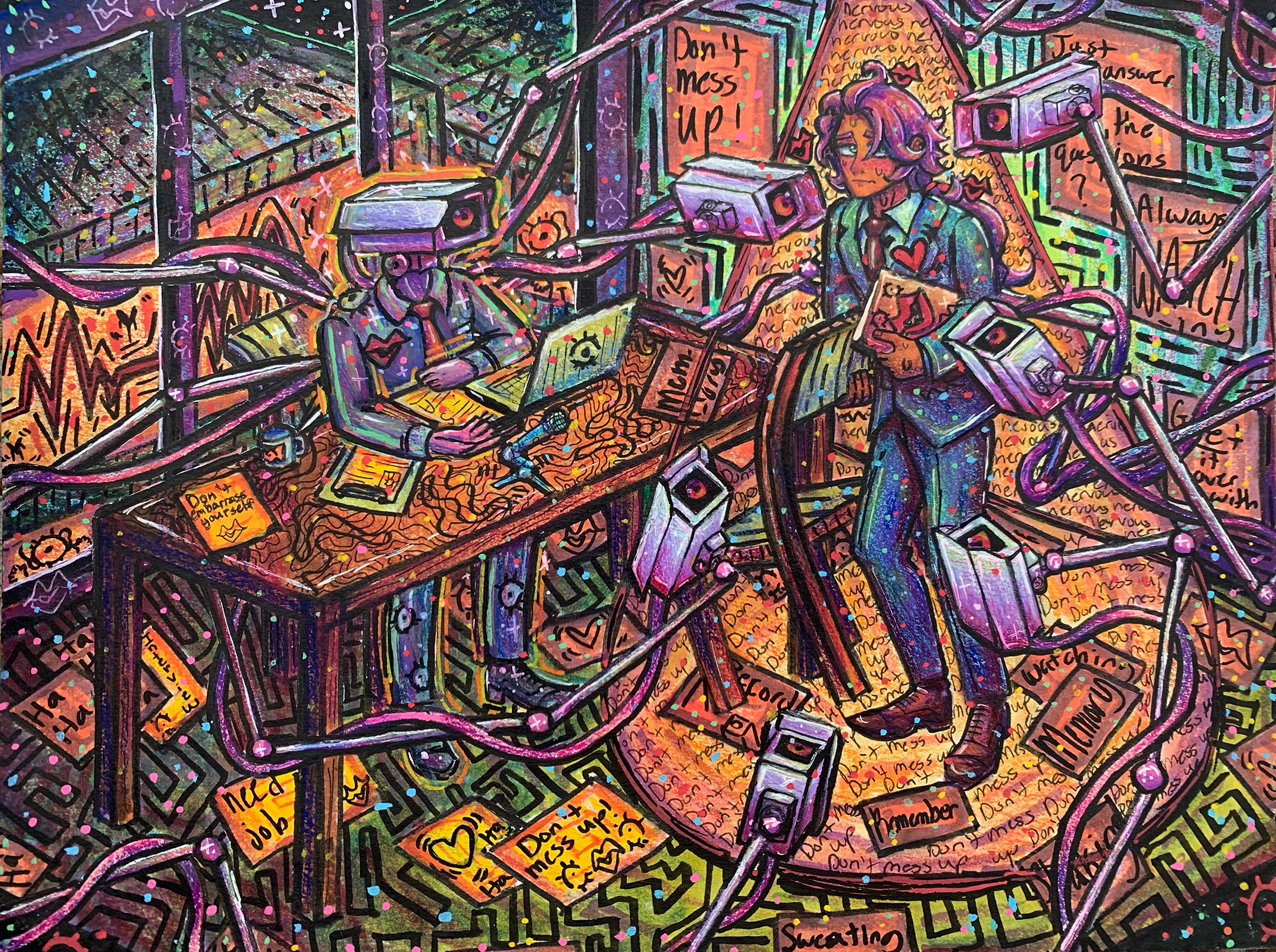 Cartoony, busy illustration depicting a young man carrying a book to a desk where a humanoid robot with a security camera head is seated with an open laptop