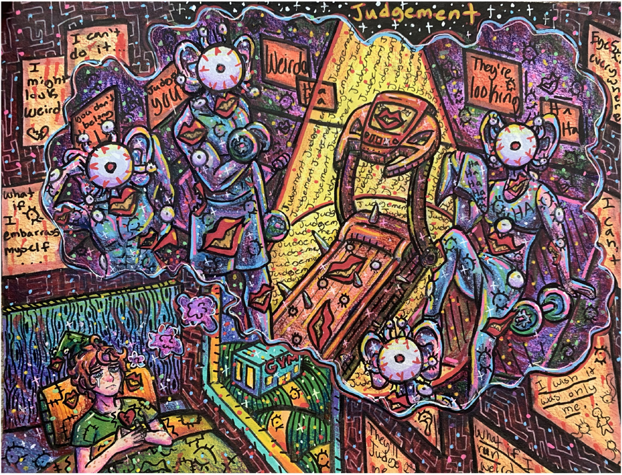Cartoony, busy illustration depicting a sad young man dreaming of humanoid robots working out in a gym