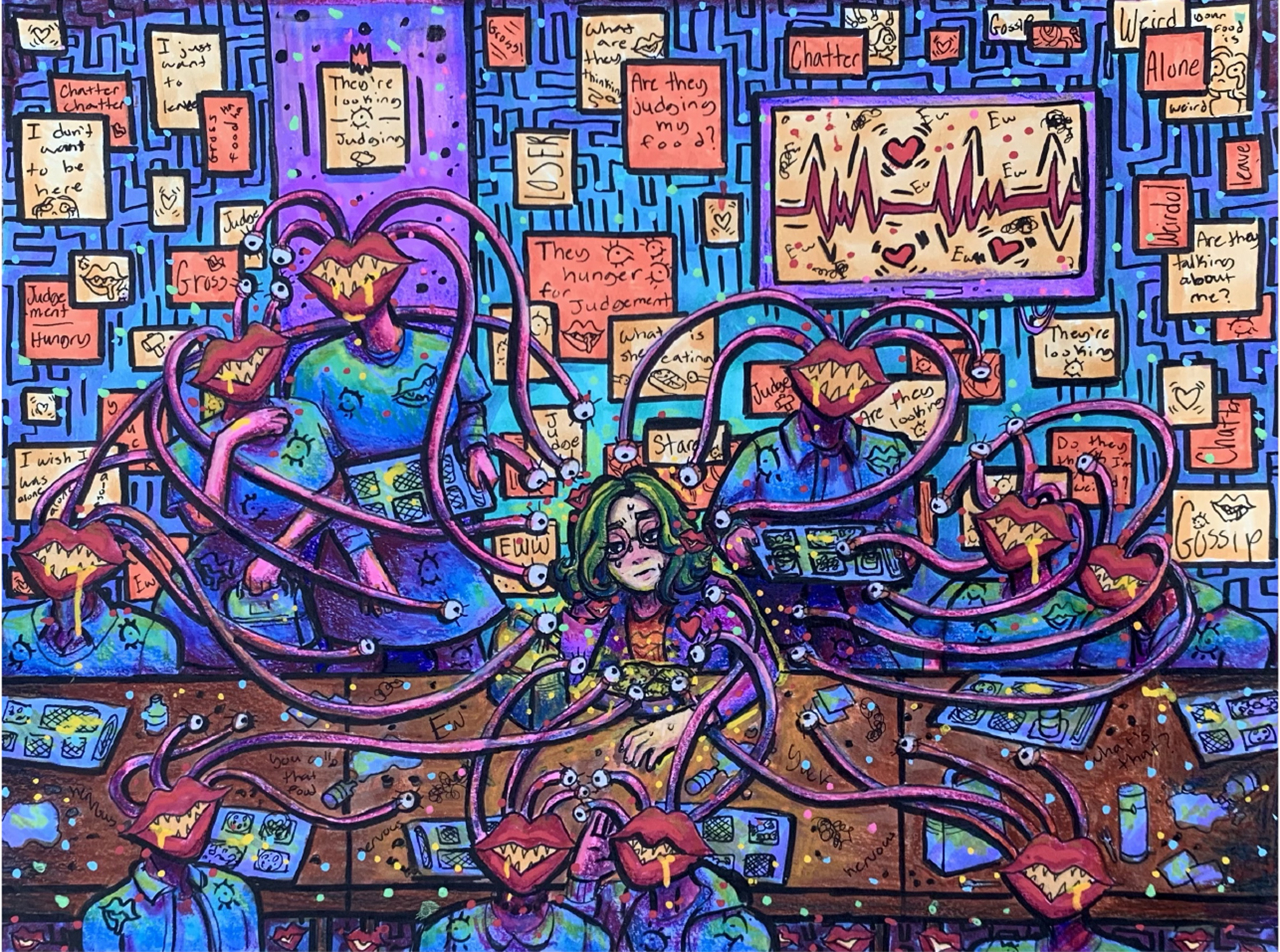 Cartoony, busy illustration depicting a tired young woman seated at a table surrounded by humanoid forms with red lips and sharp teeth for heads