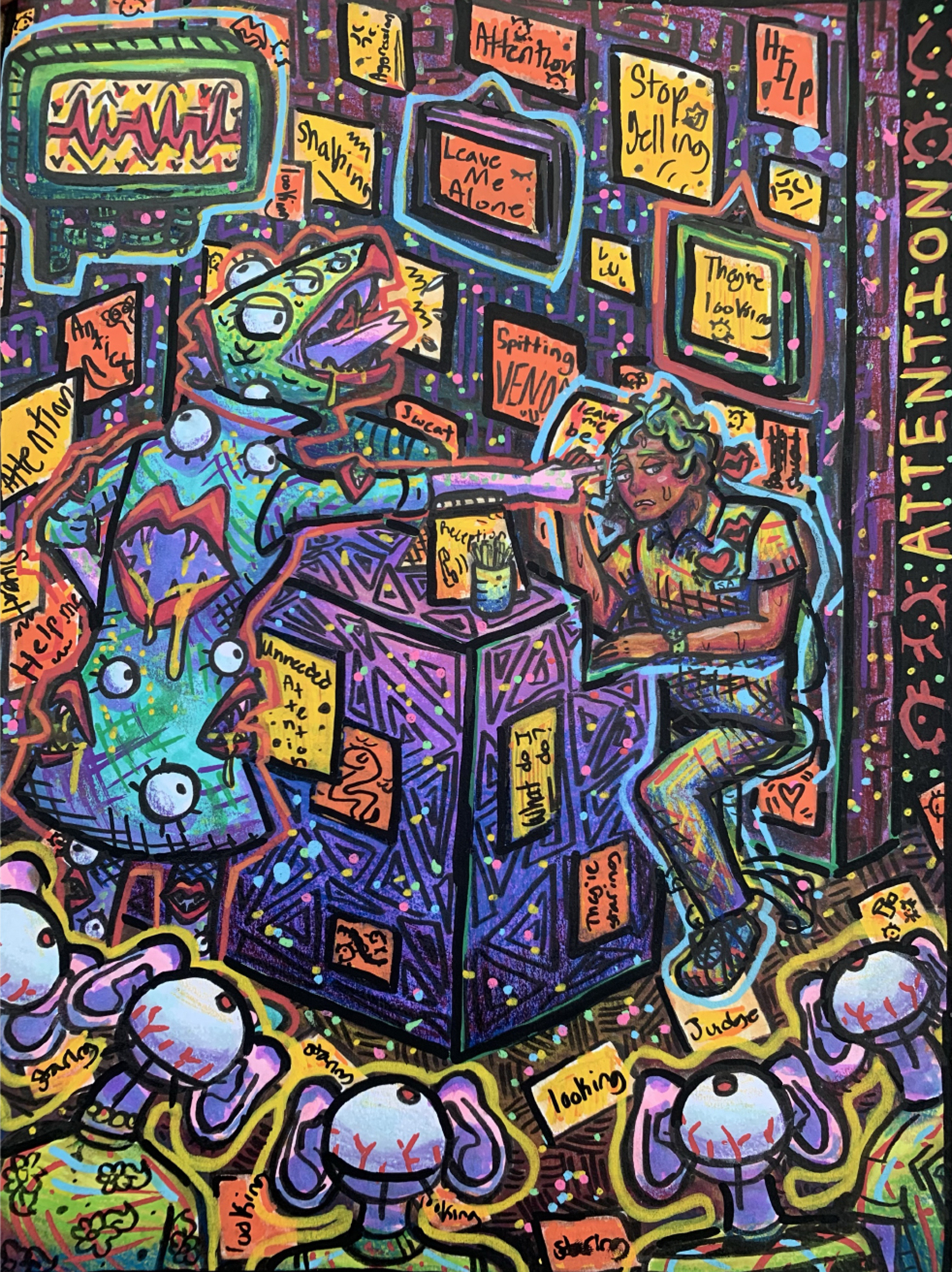 Cartoony, busy illustration depicting an exhausted young man being pointed at by a humanoid figure with a lizard head