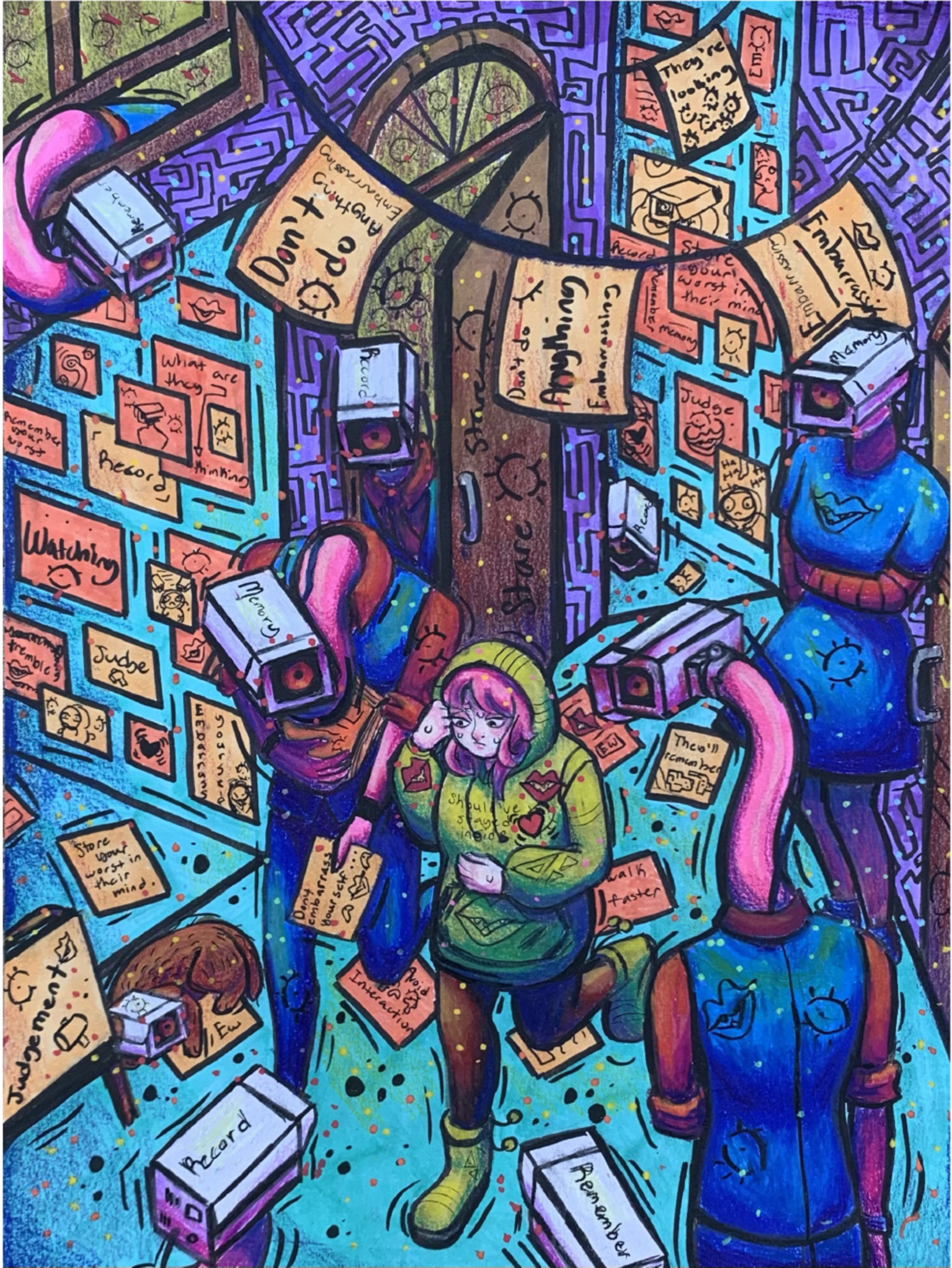 Cartoony, busy illustration depicting a young woman in a green hoodie walking through an alley with humanoid figured with security camera heads on either side of her