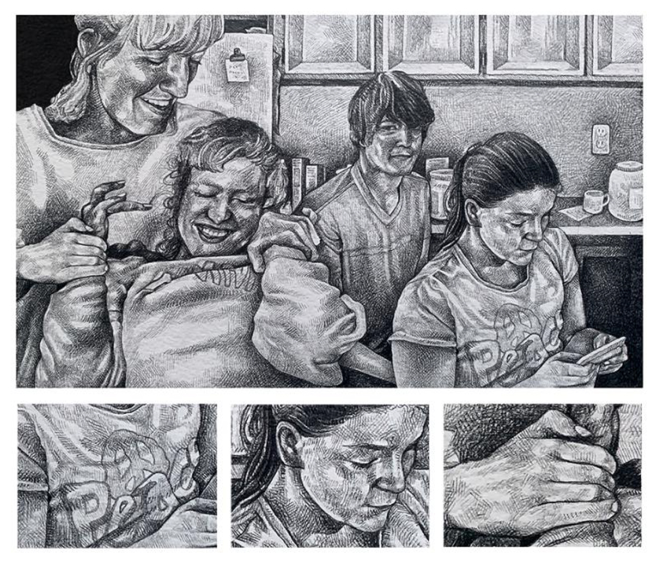 Black and white drawing of a family sitting at the kitchen table, with a row of three details below, of a t-shirt, a face, and a hand