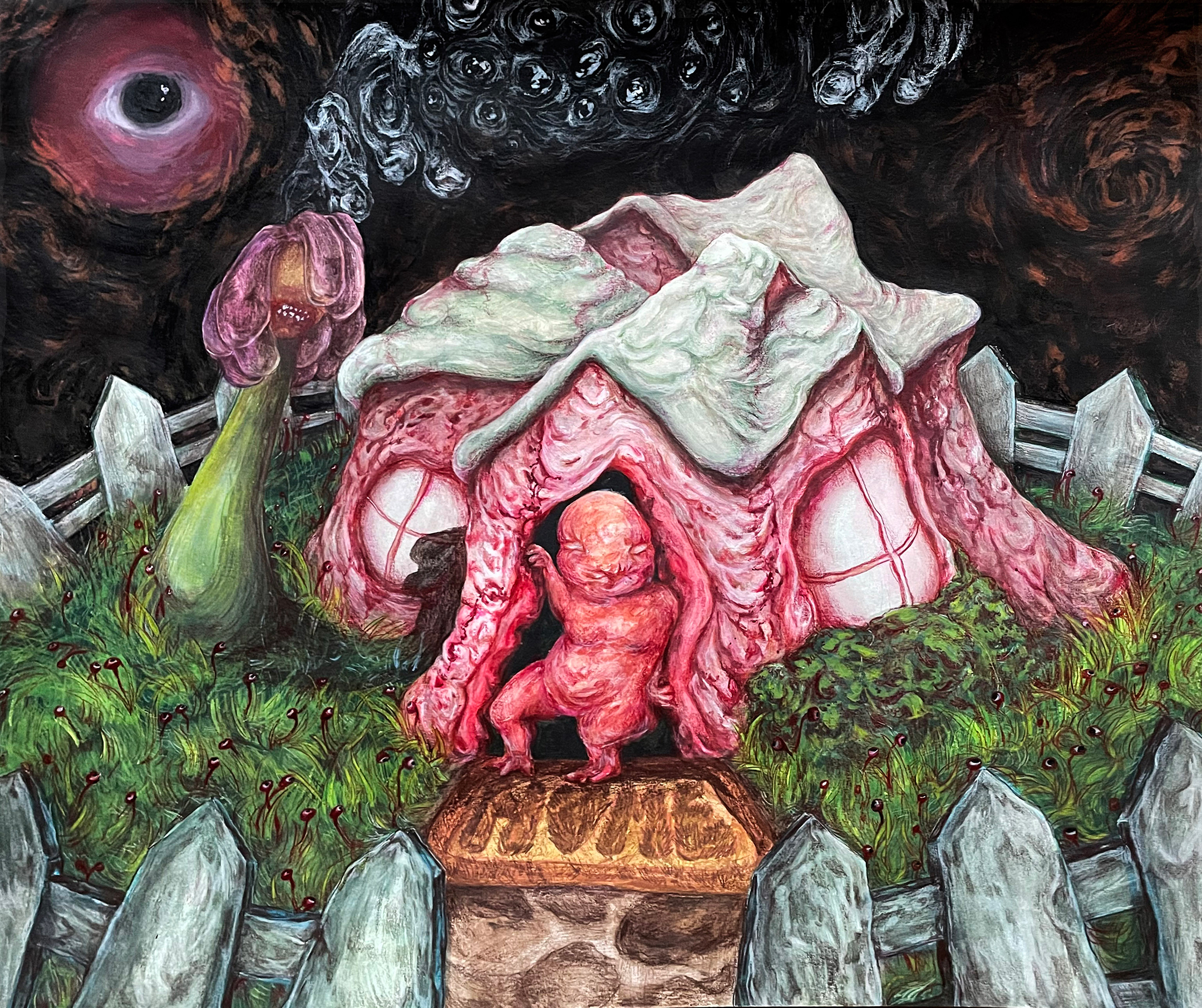 Illustration of a grotesque house with a human form emerging into a grotesque and abstract scene
