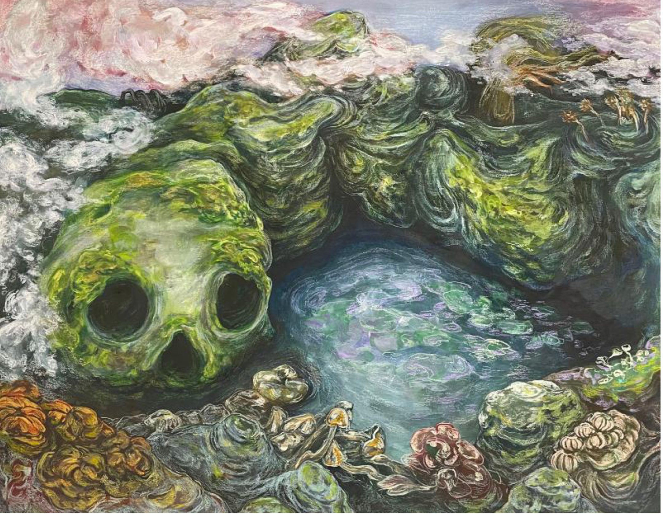 Illustration of a nature scene with a green snake-like creature surrounding a body of water