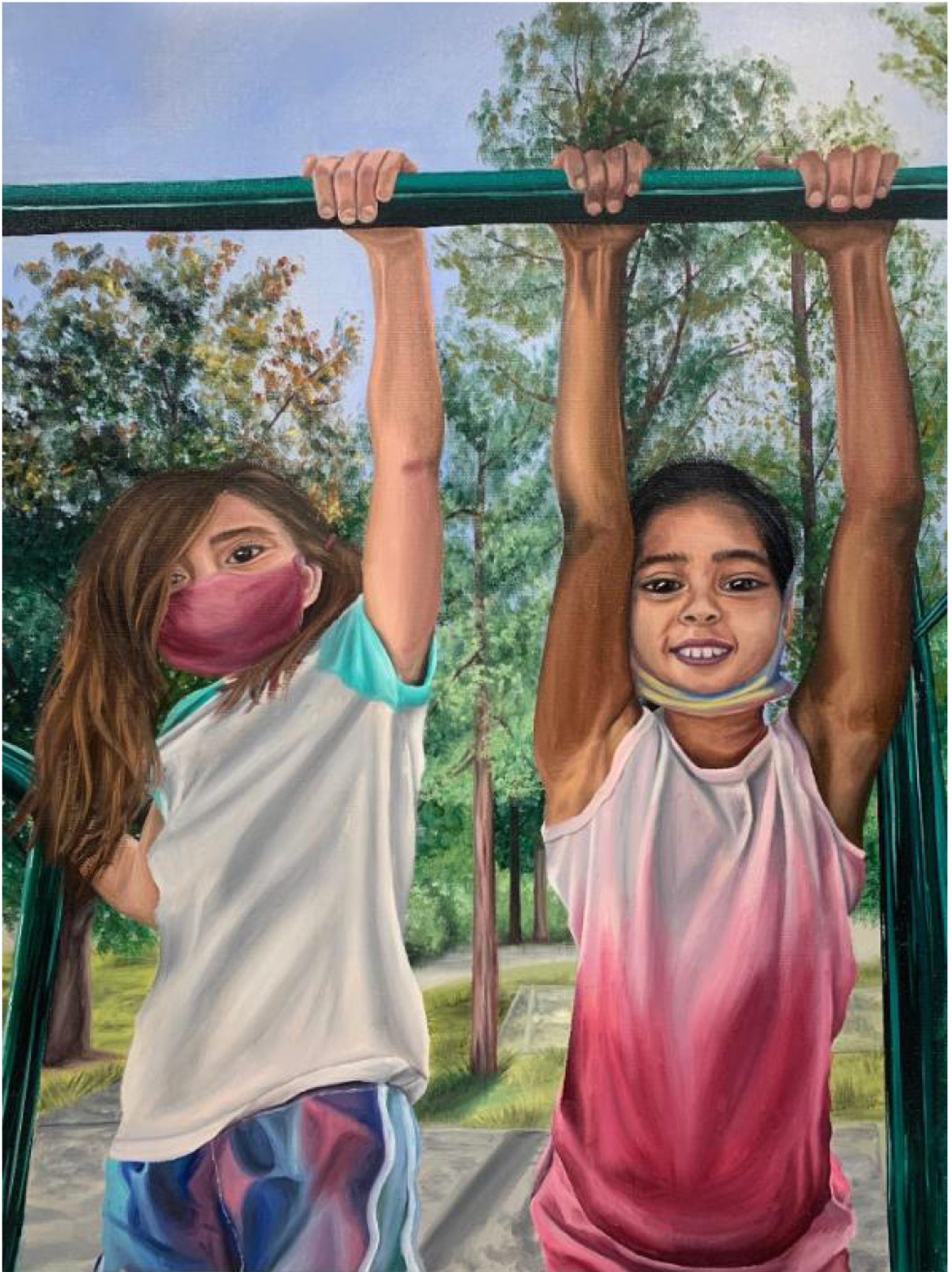 Painting of two young girls playing on a playground's monkey bars