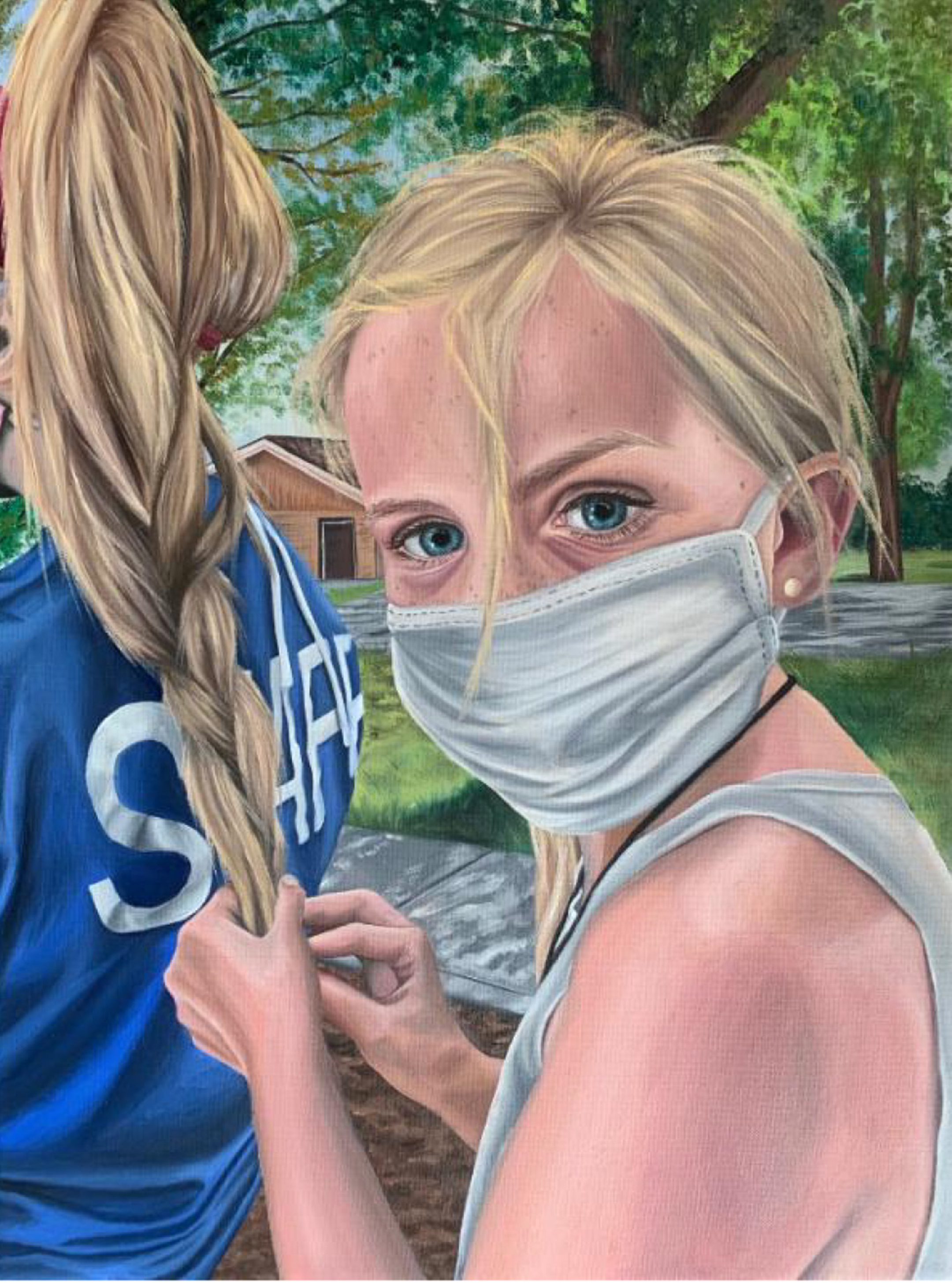 Painting of a young girl braiding another young girl's hair