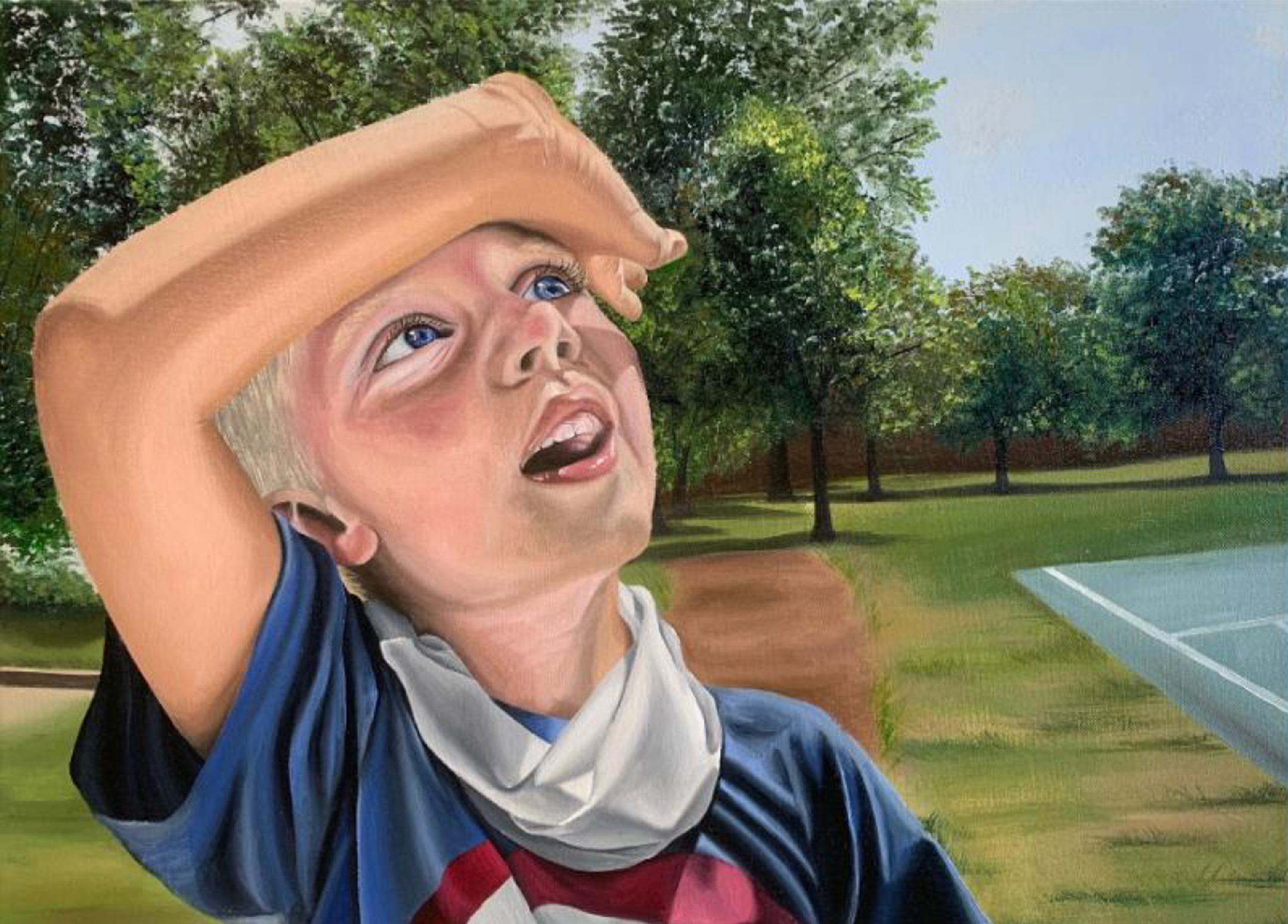 Painting of a young boy looking to the sky