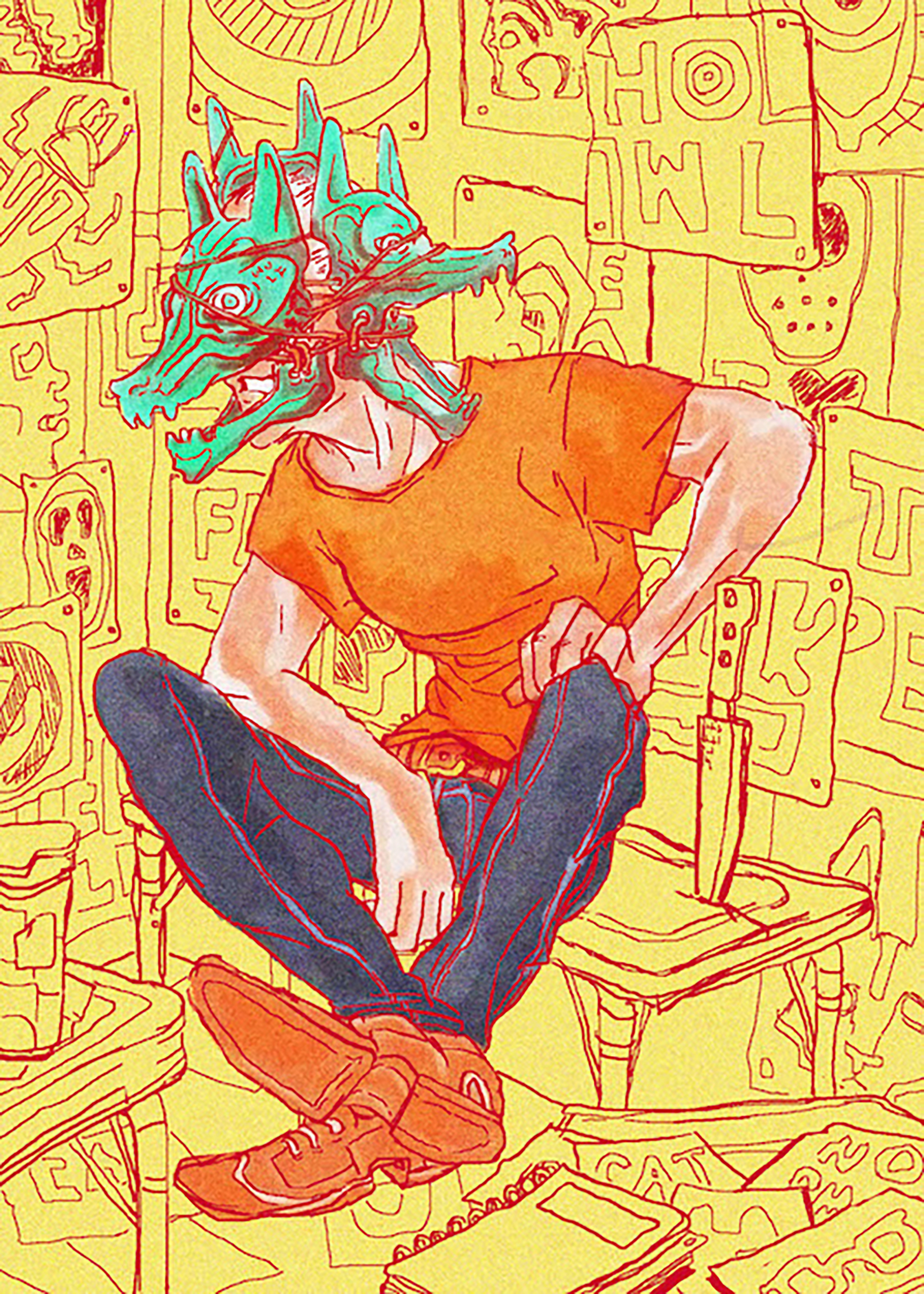 art in a comic book style featuring a young man seated on a stool wearing a green wolf mask and orange t-shirt and blue jeans against a yellow background