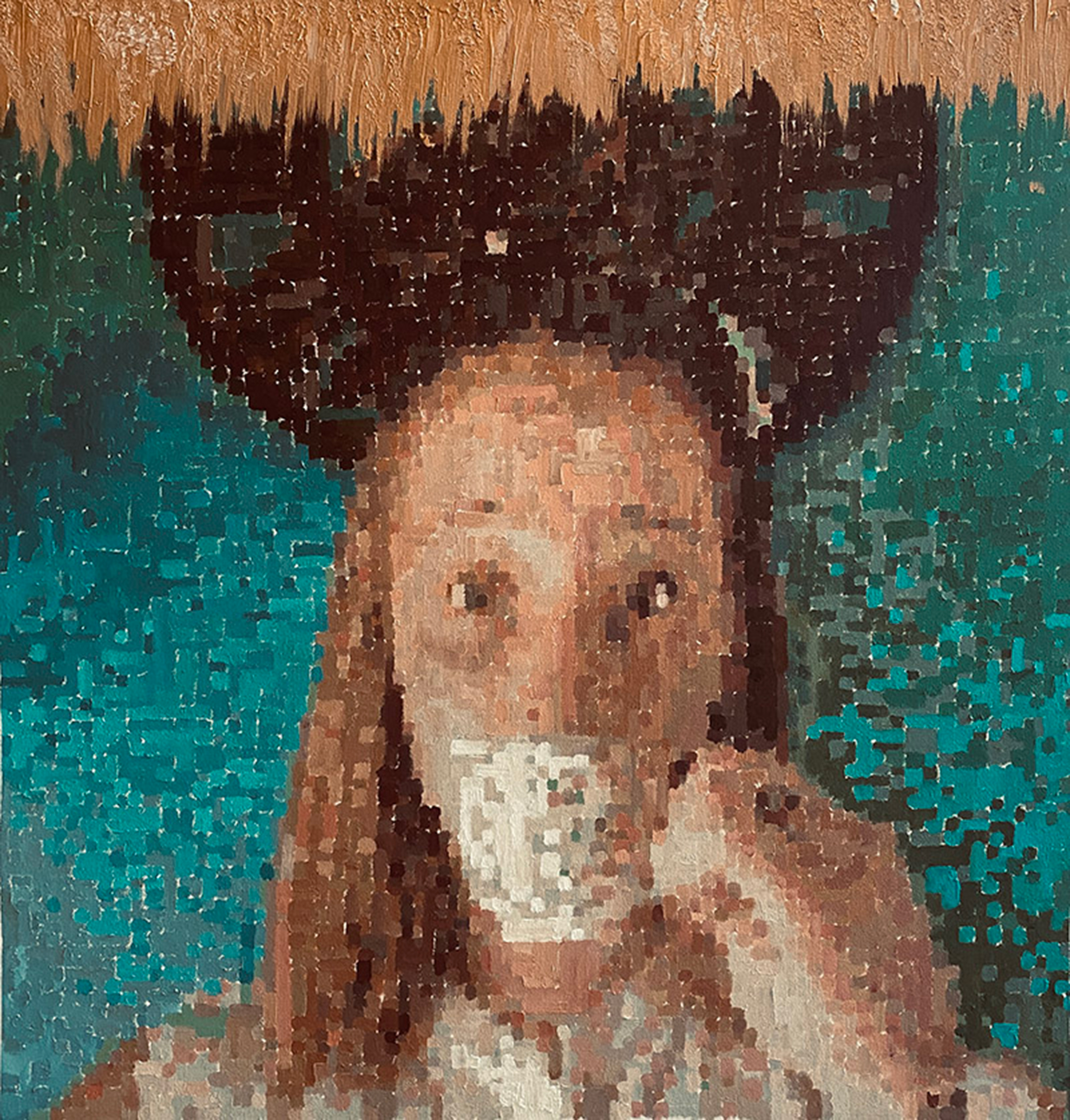Illustration of a young woman drinking tea with wide open eyes, created in a way to look blocky and splotchy the closer you are to it