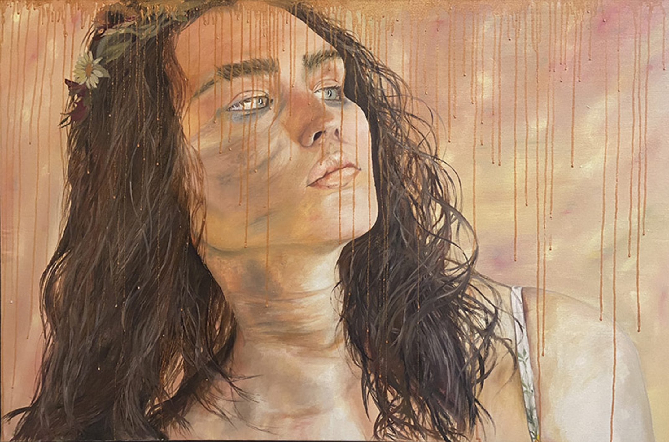 illustration of a young woman with long black hair, seen from the shoulders up, looking up and to the right