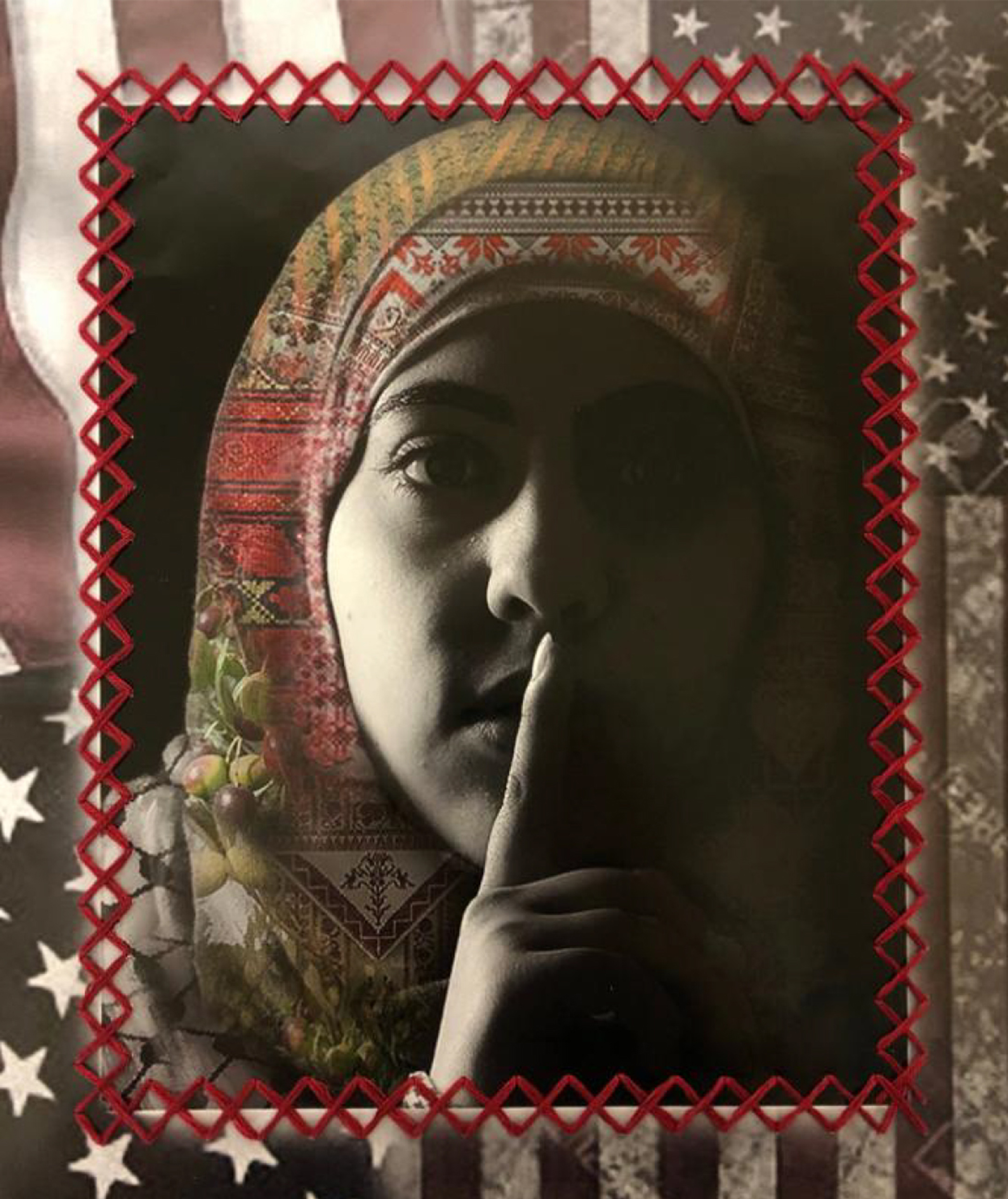 Photo montage of a young woman in a head covering with her finger over her mouth, with the image stitched onto a background of faded american flags