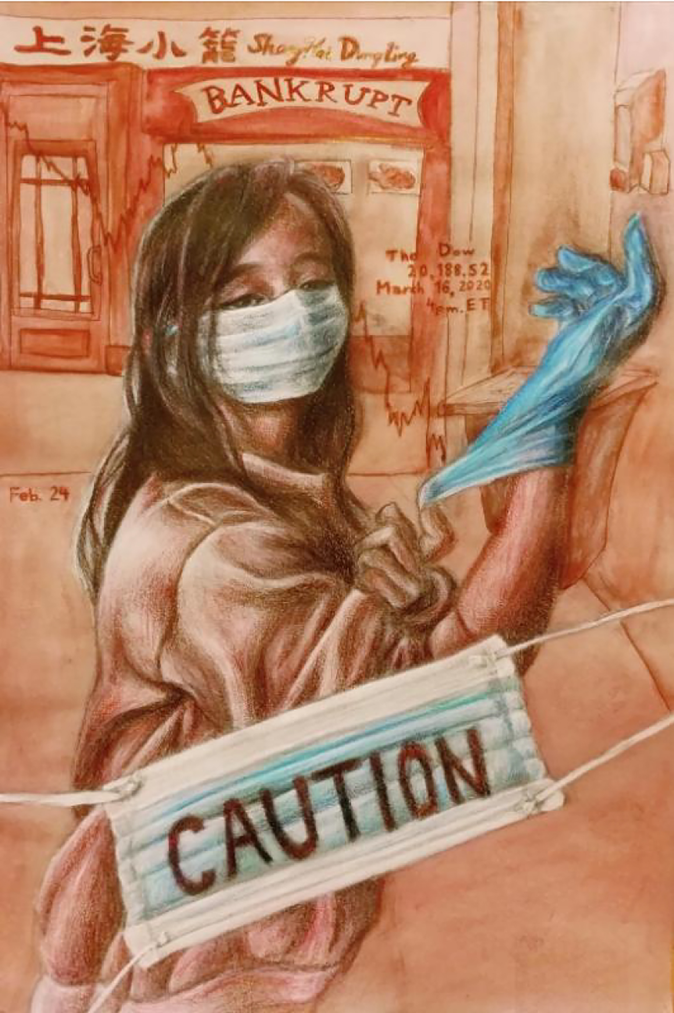 illustration of a woman wearing a facemask and pulling on a surgical glove in front of a chinese restaurant and behind a mask with the word closed written on it