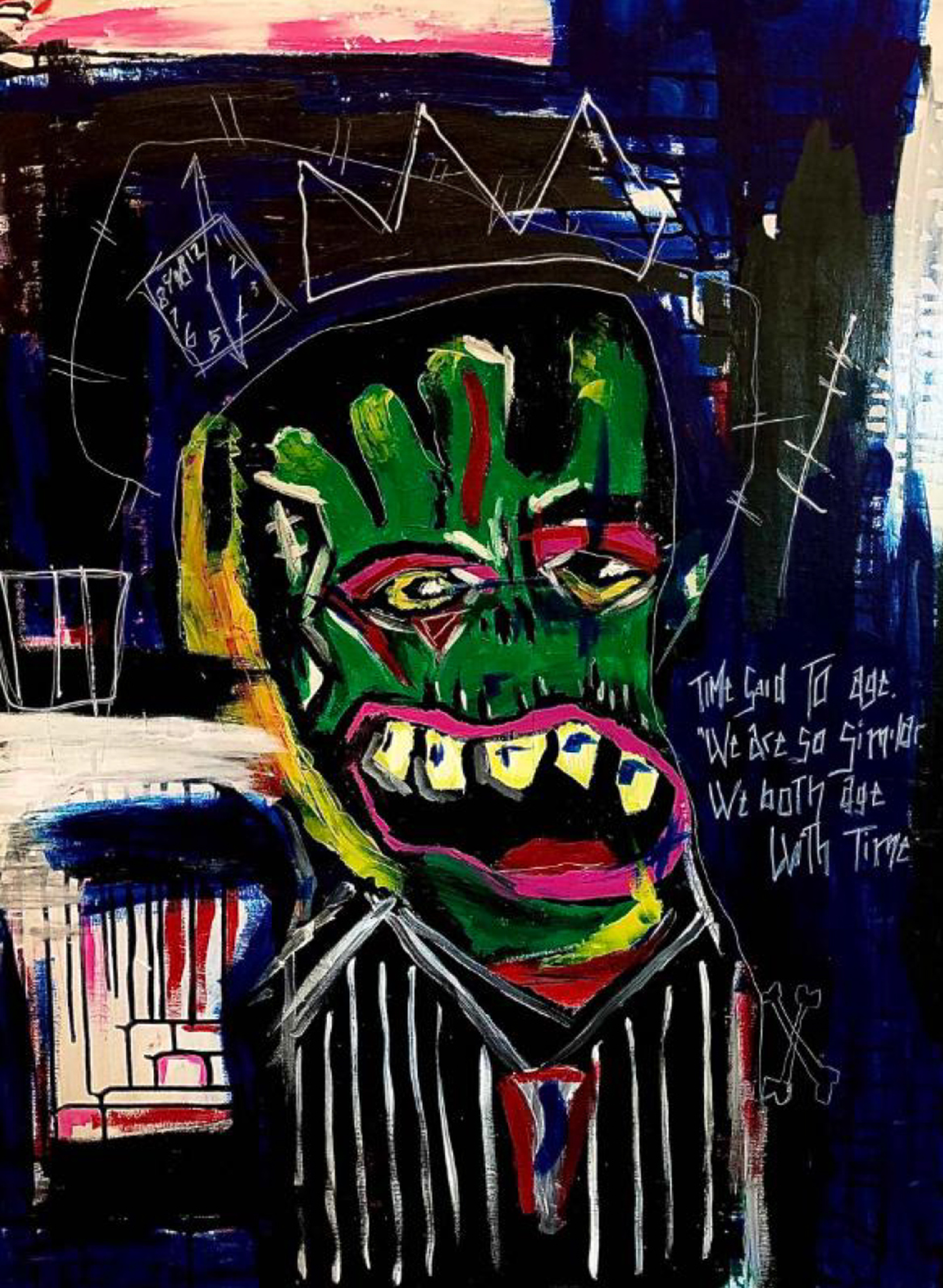 Abstract depiction of Frankenstein's monster with a wide open mouth on a dark blue background