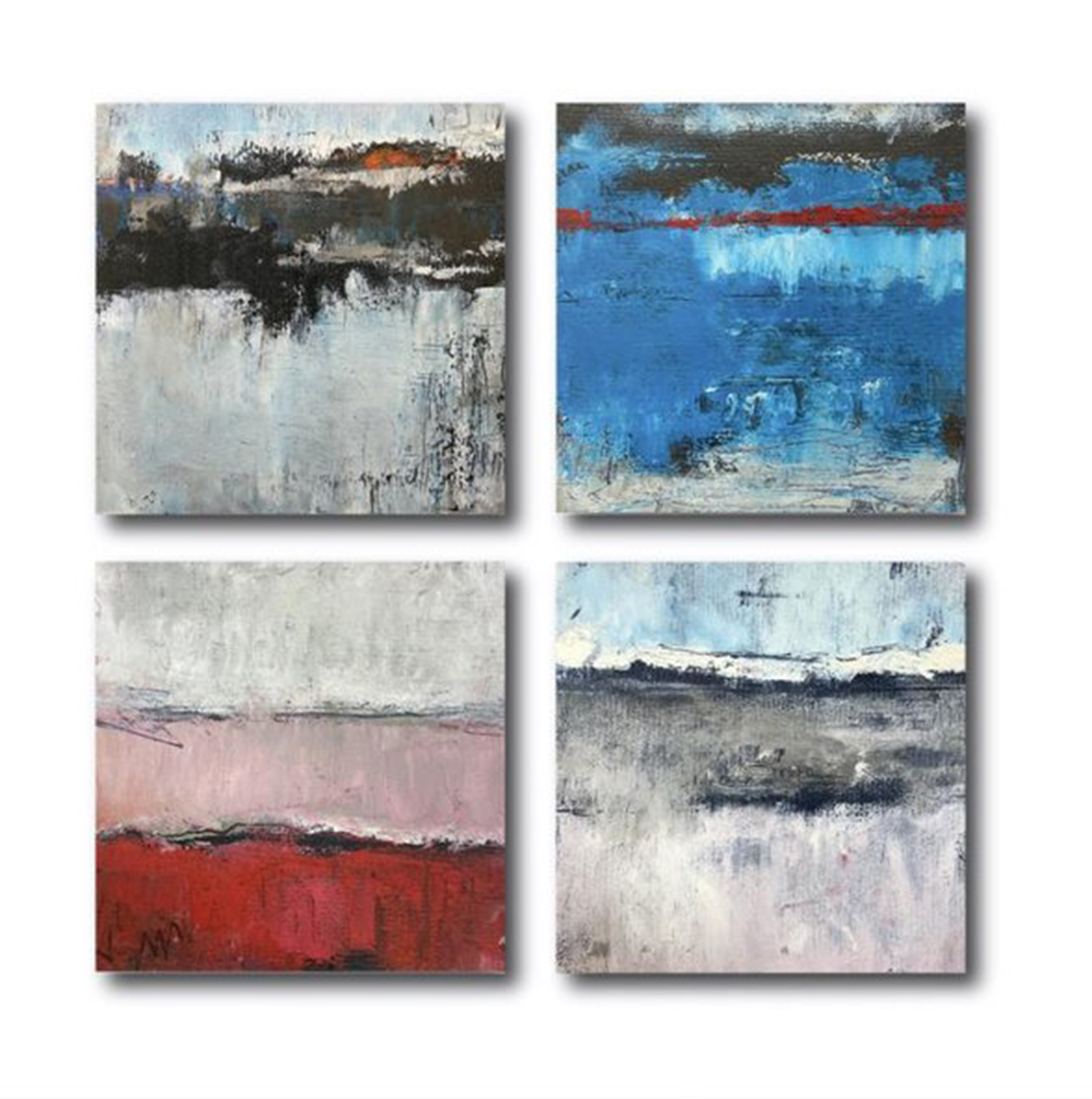 Grid of four square paintings, two by two, in various colors: white, blue, red, pink