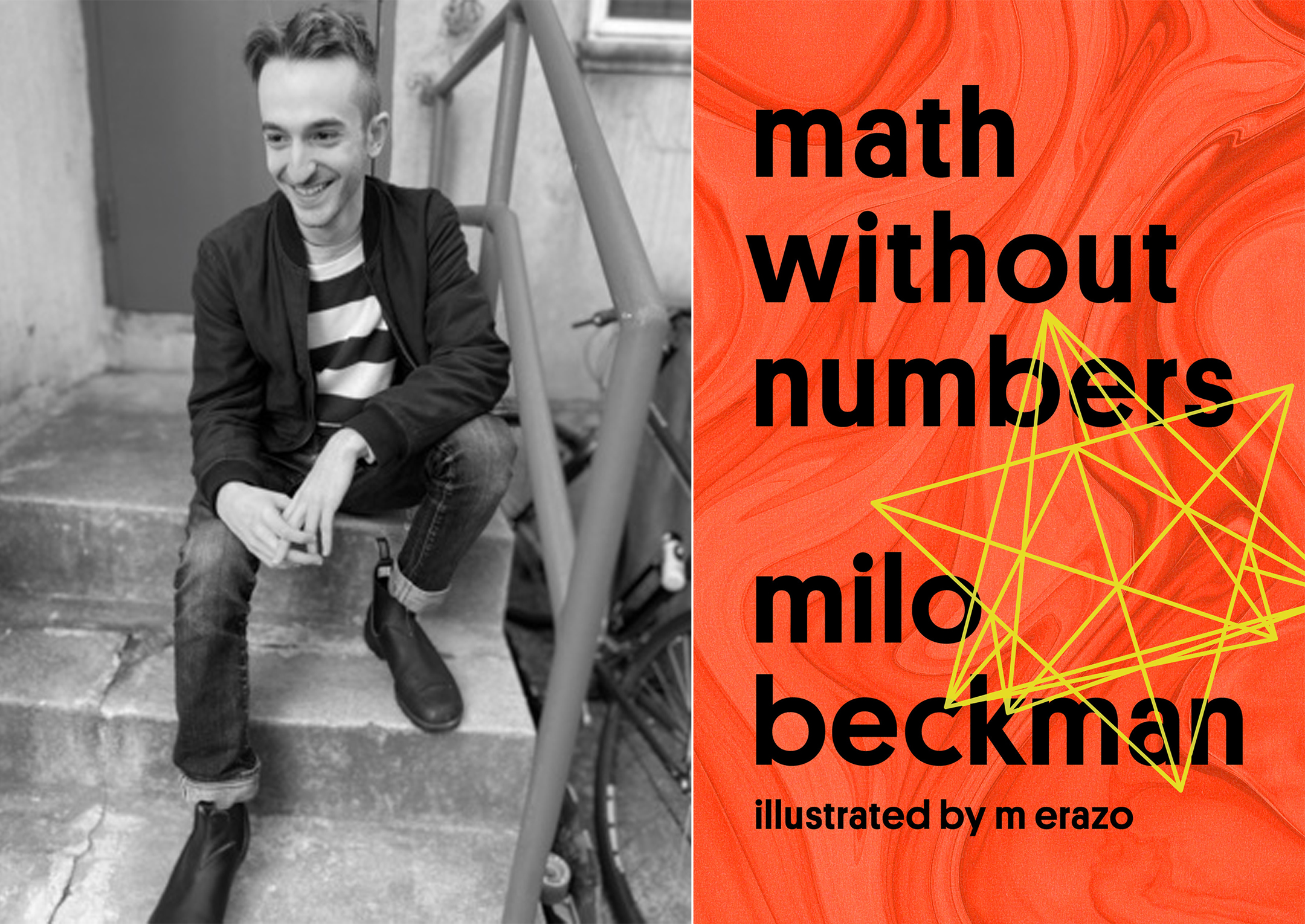 Photo of author Milo Beckman on the left, and the cover of the book Math Without Numbers on the right