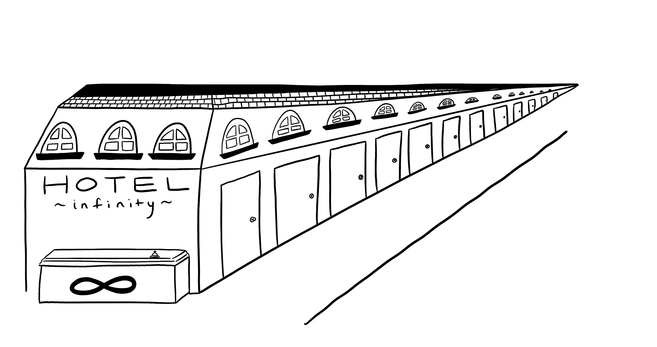 black and white illustration of a building, the Hotel Infinity, receding into the background diagonally from the bottom left to the upper right