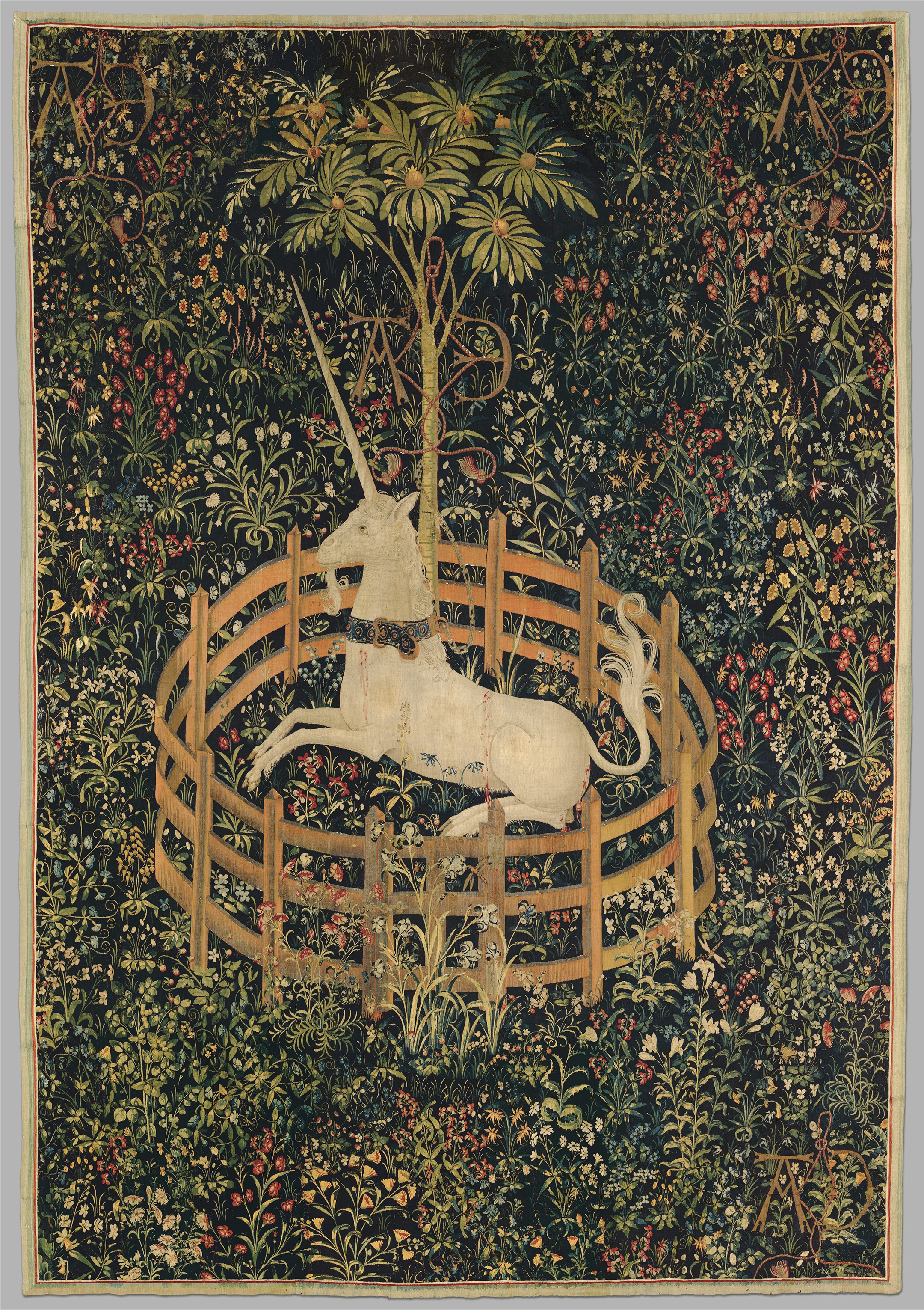 A tapestry depicting a white unicorn with a large horn in a fenced-in pen in a lush green garden