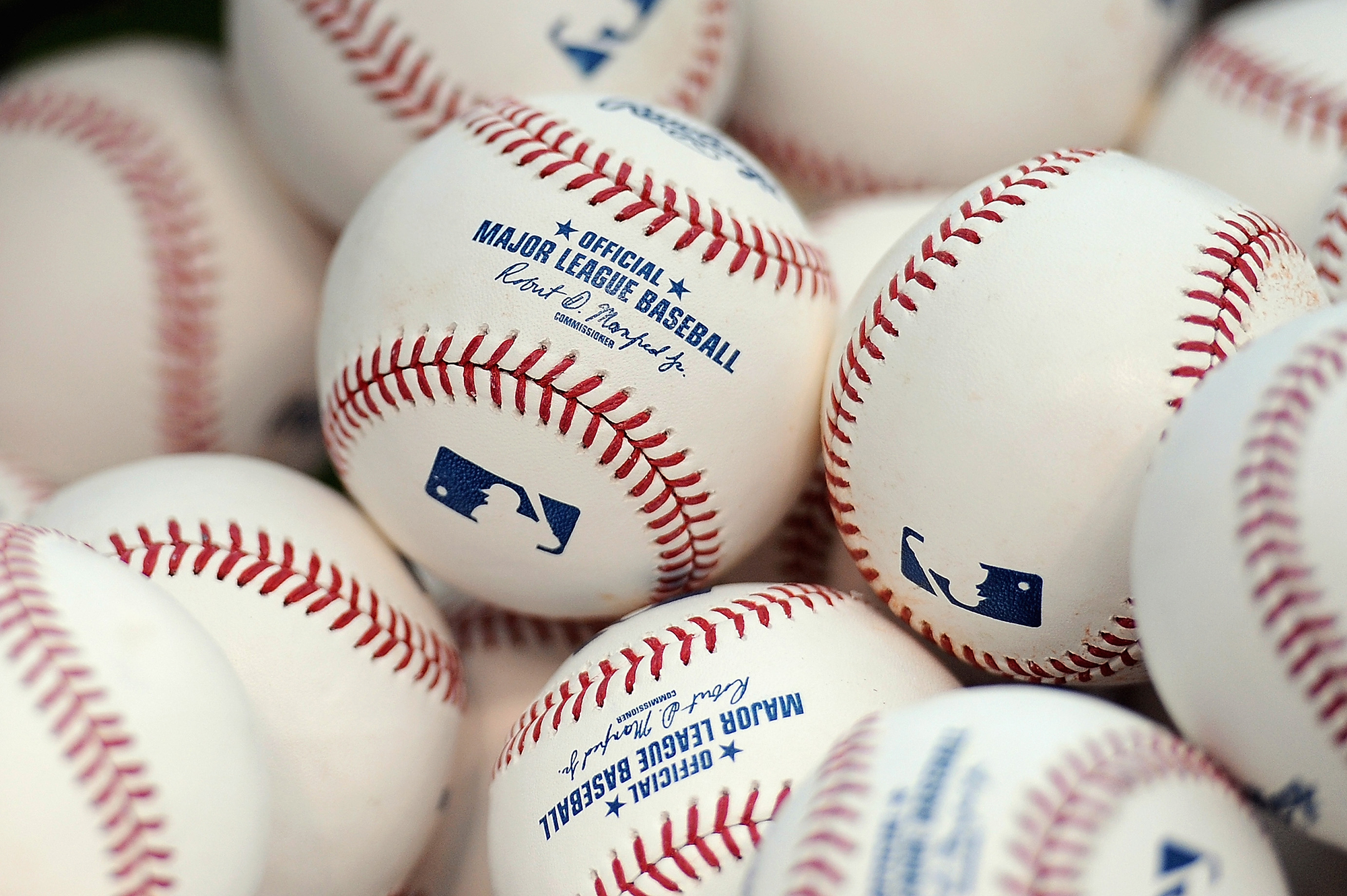 A detail shot of major league baseballs prior to a game