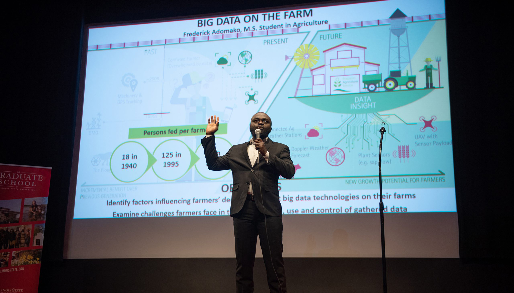 Man standing on stage in front of a screen displaying a slide titled Big Data on the Farm